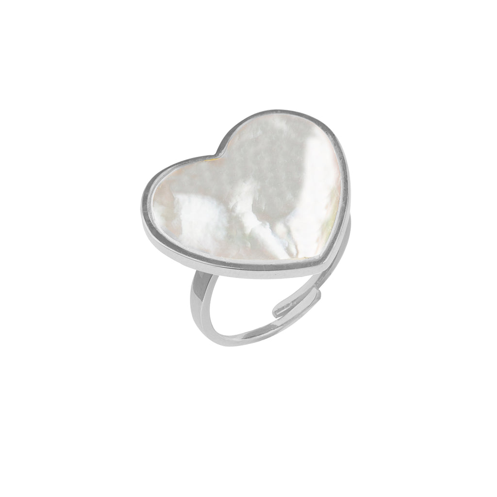 Adjustable heart-shaped ring, 925 silver, Madre Perla and Zircon stones