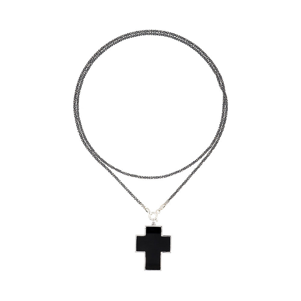 Long chain with cross pendant, 925 silver, Onyx stone