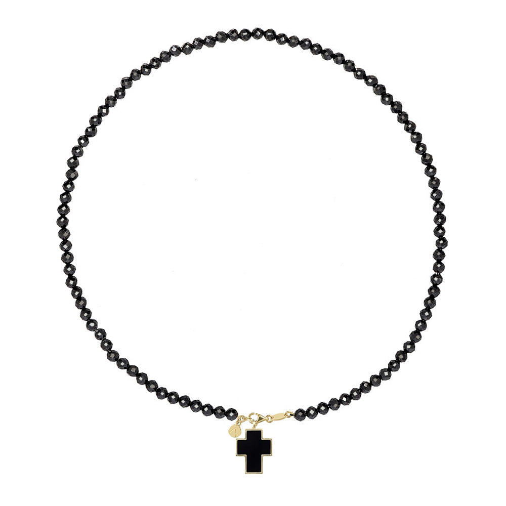 Short eco pearl necklace, cross pendant, 9K yellow gold, Madre Perla stone
