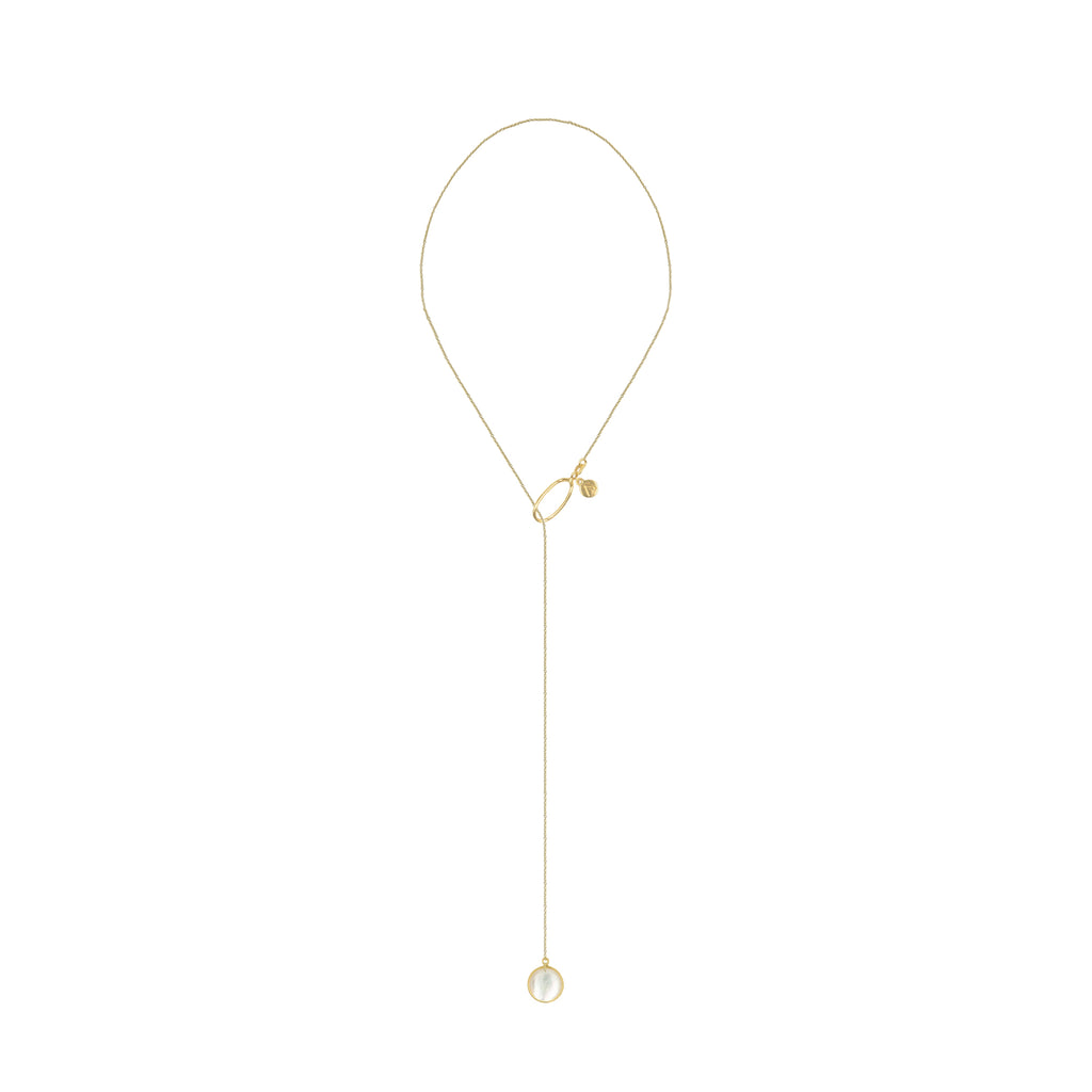 Long adjustable chain, 9K yellow gold, circle pendant, white Madre Perla stone 