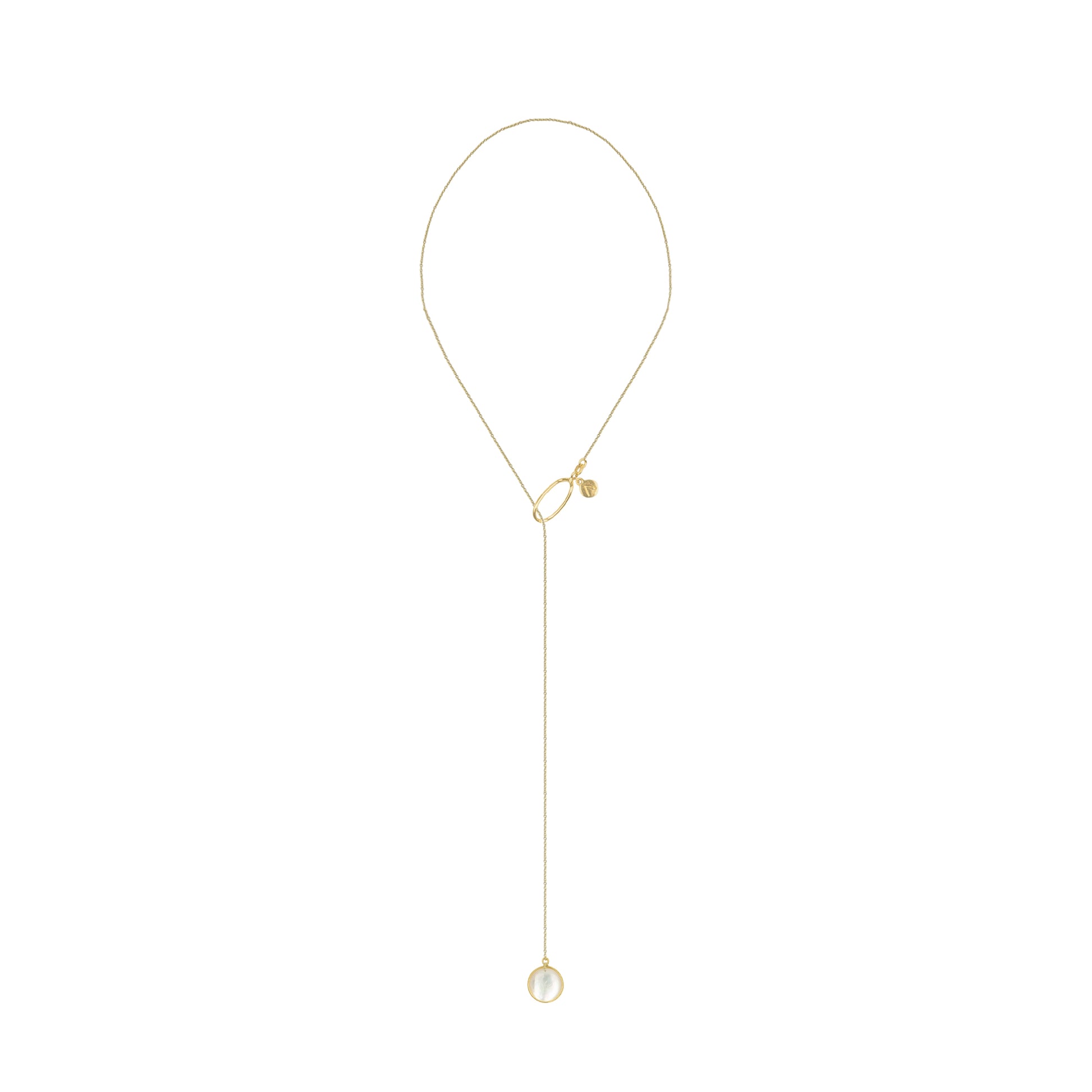 Long adjustable chain, 9K yellow gold, circle pendant, white Madre Perla stone 