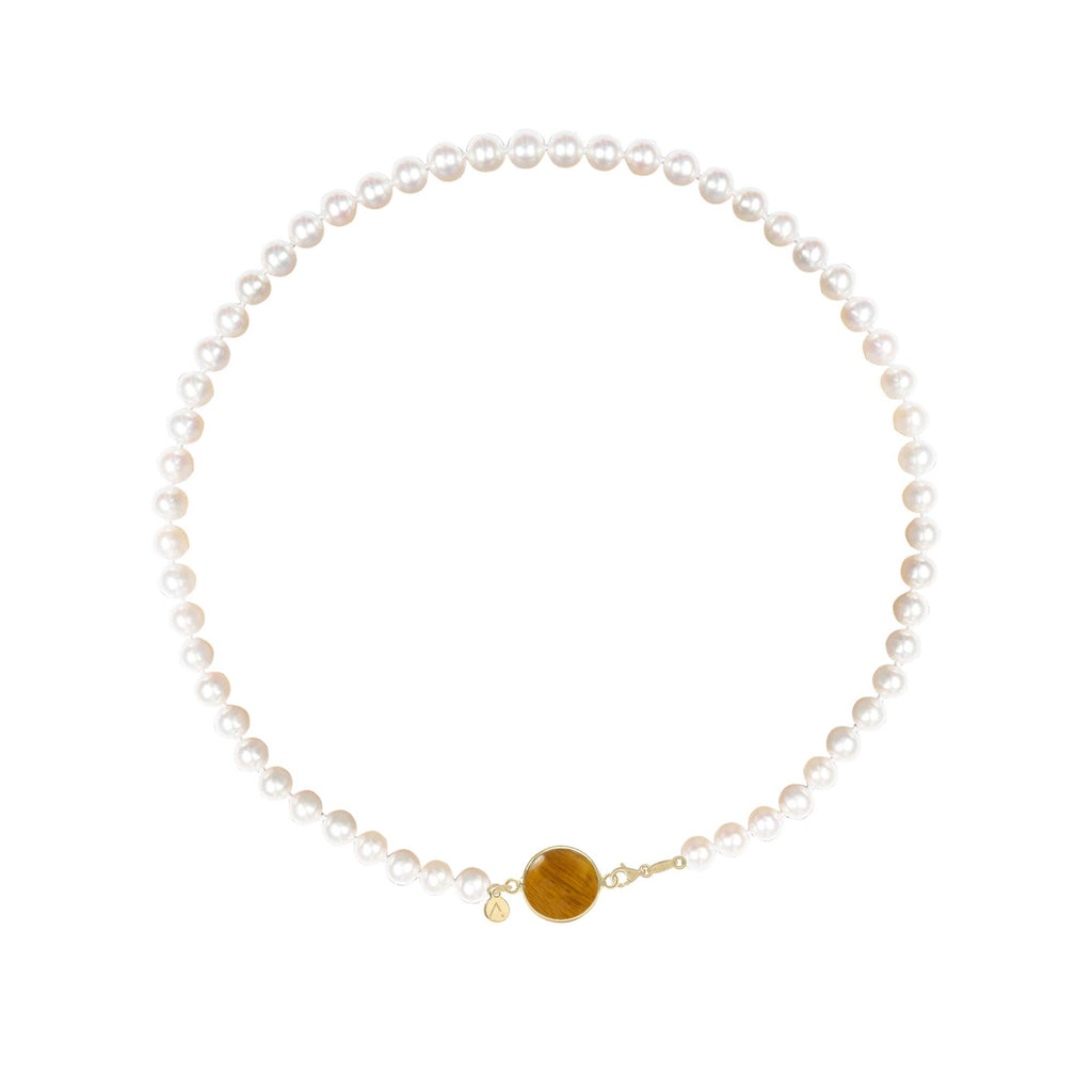 Short eco pearl necklace, cross pendant, 9K yellow gold, Madre Perla stone
