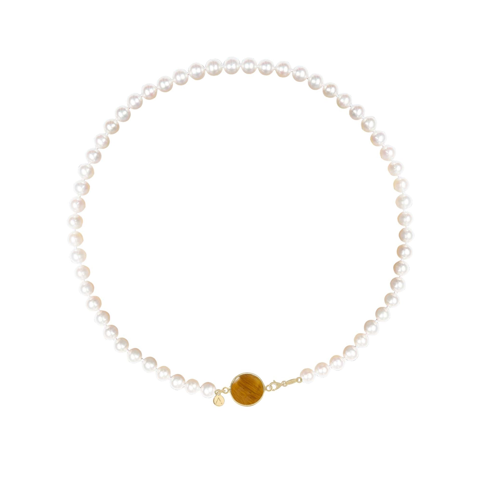 Short eco pearl necklace, cross pendant, 9K yellow gold, Madre Perla stone