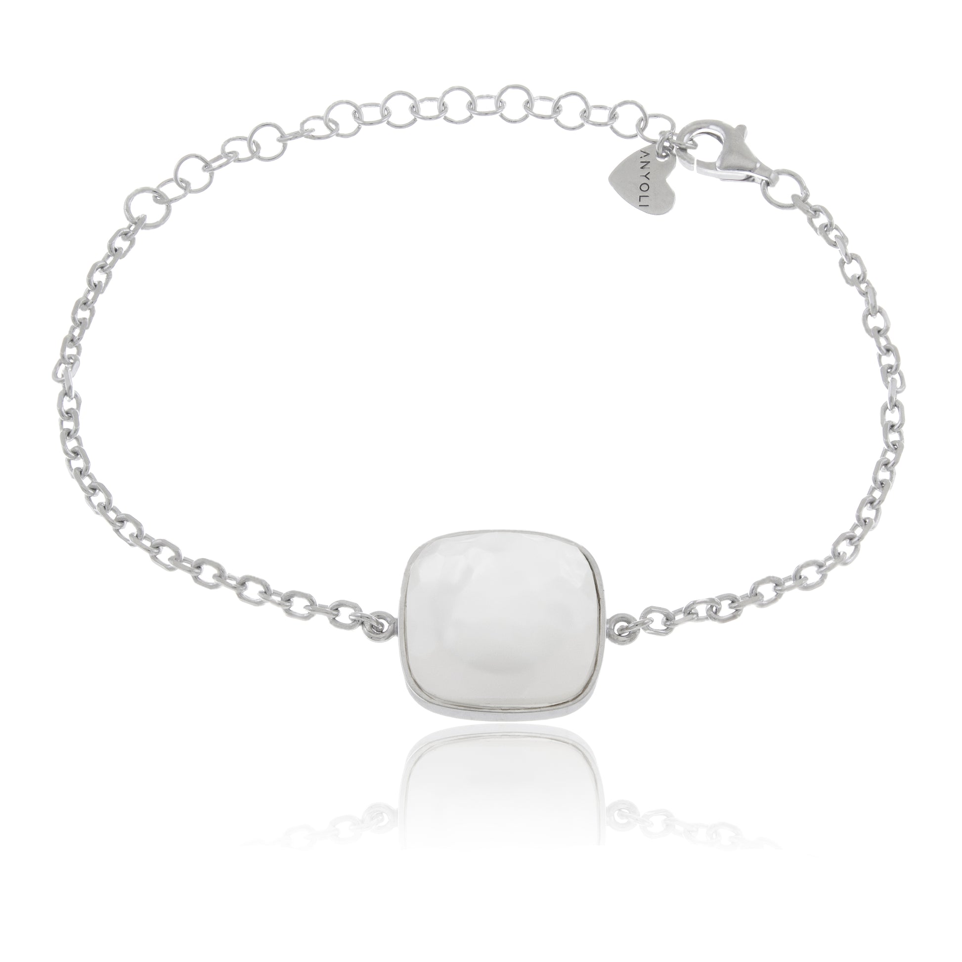 Adjustable bracelet with circle pendant, 316L medical stainless steel, Madre Perla stone