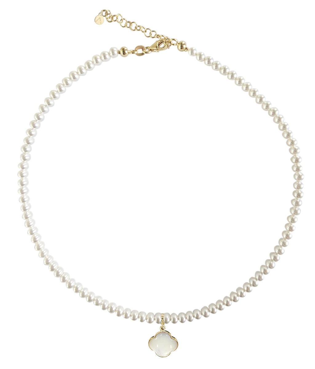 Short eco pearl necklace, cross pendant, 9K yellow gold, Madre Perla stone