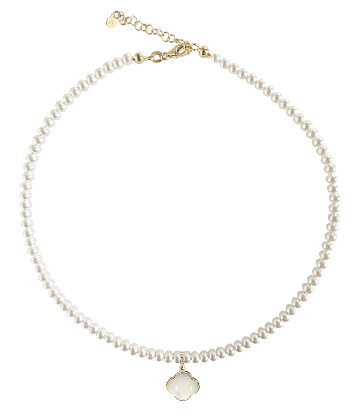 Short eco pearl necklace, cross pendant, 9K yellow gold, Madre Perla stone