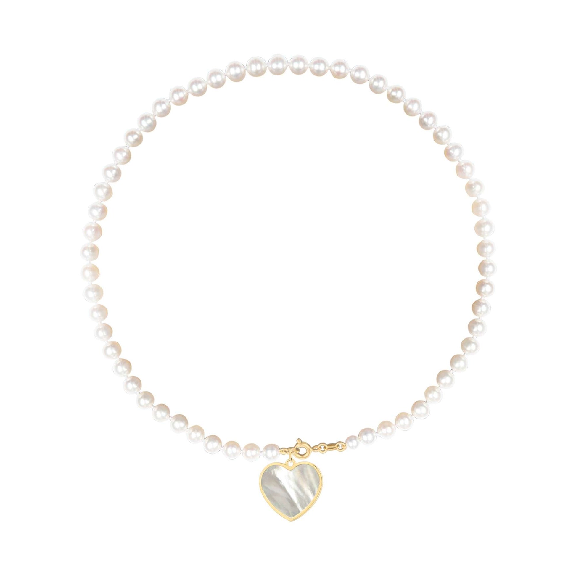 Short eco pearl necklace, cross pendant, 9K yellow gold, Madre Perla stone