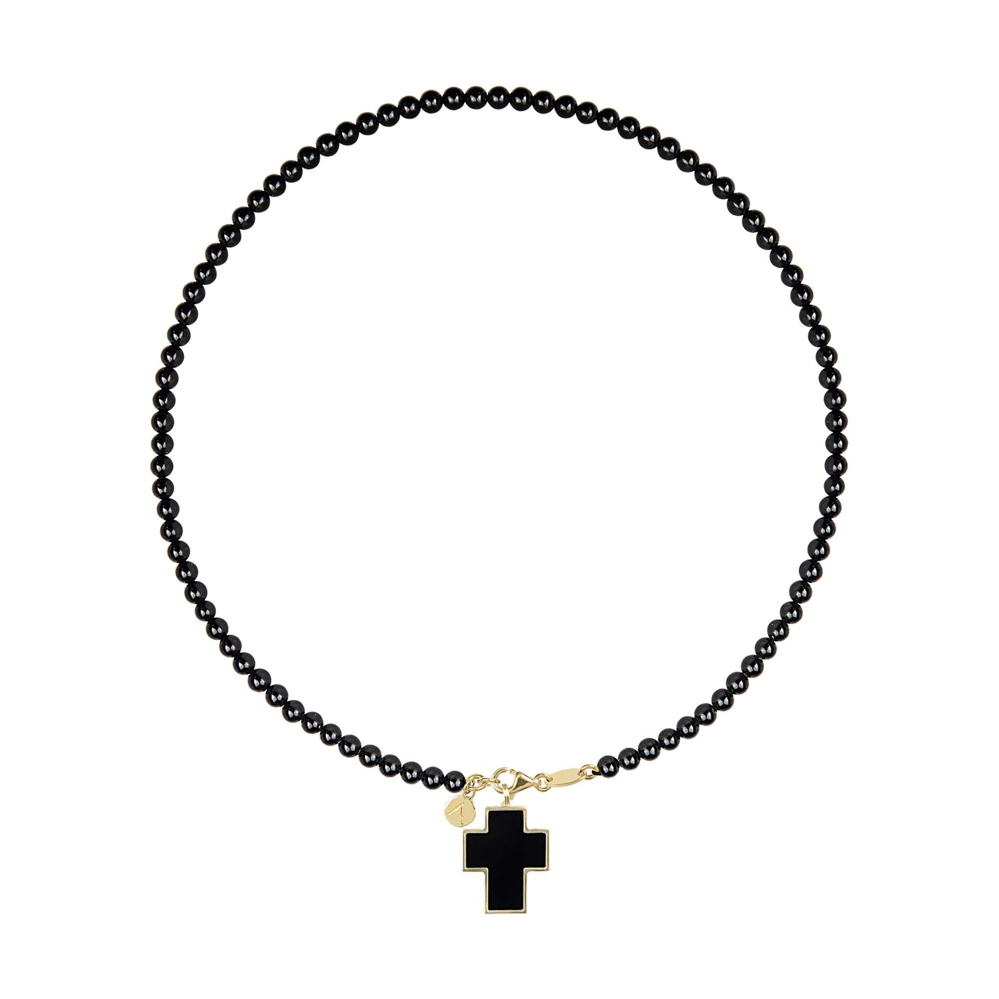 Short eco pearl necklace, cross pendant, 9K yellow gold, Madre Perla stone