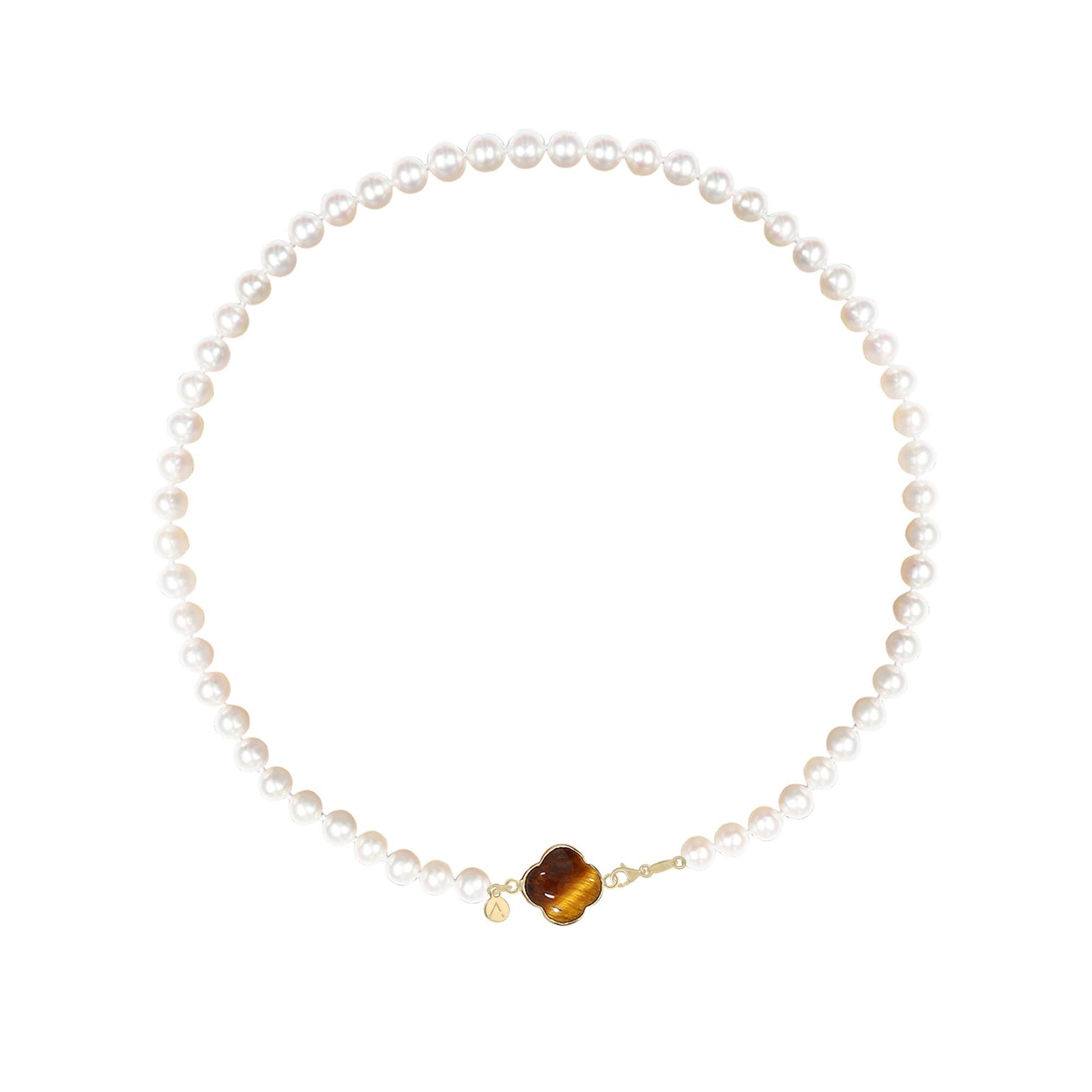 Short eco pearl necklace, cross pendant, 9K yellow gold, Madre Perla stone