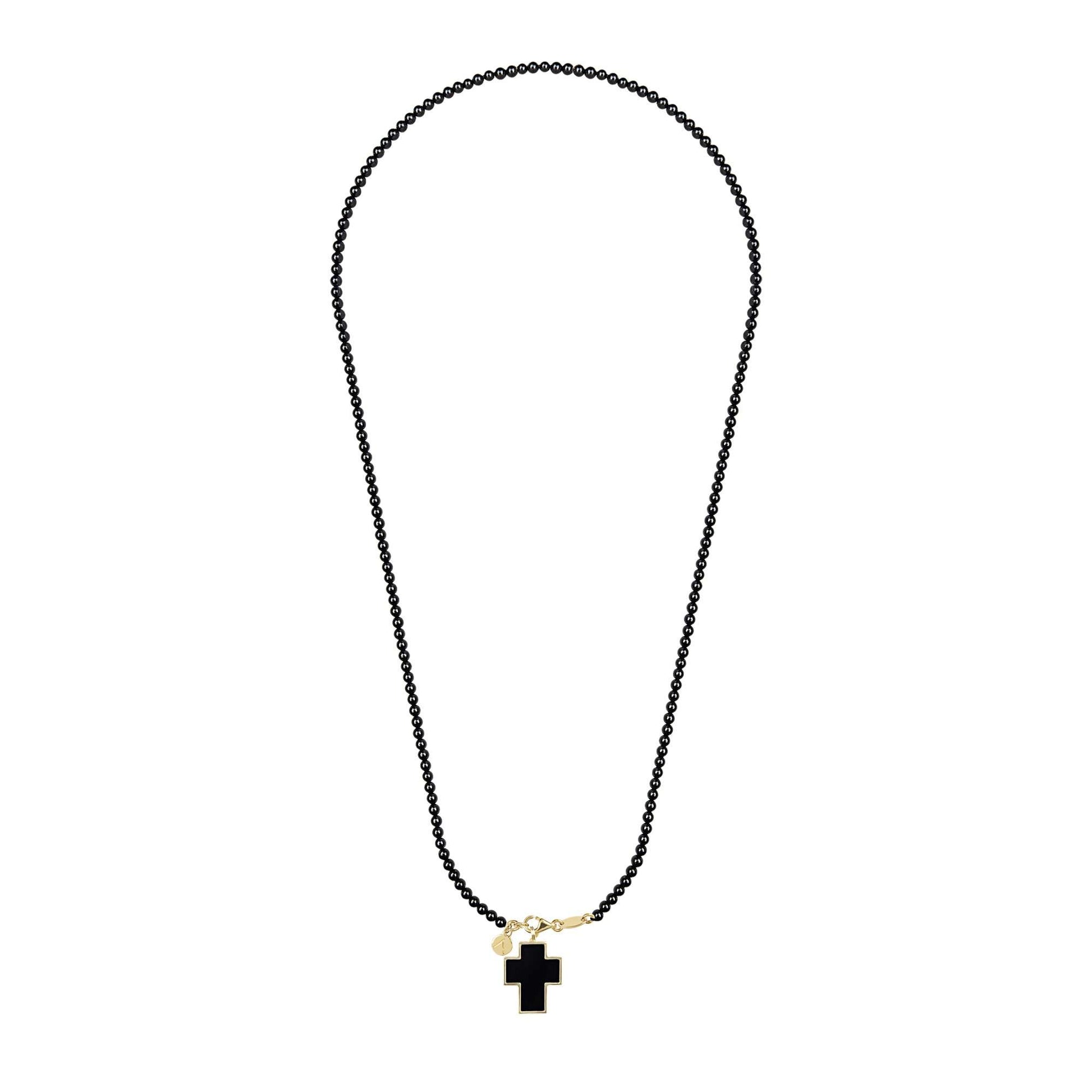 Short eco pearl necklace, cross pendant, 9K yellow gold, Madre Perla stone