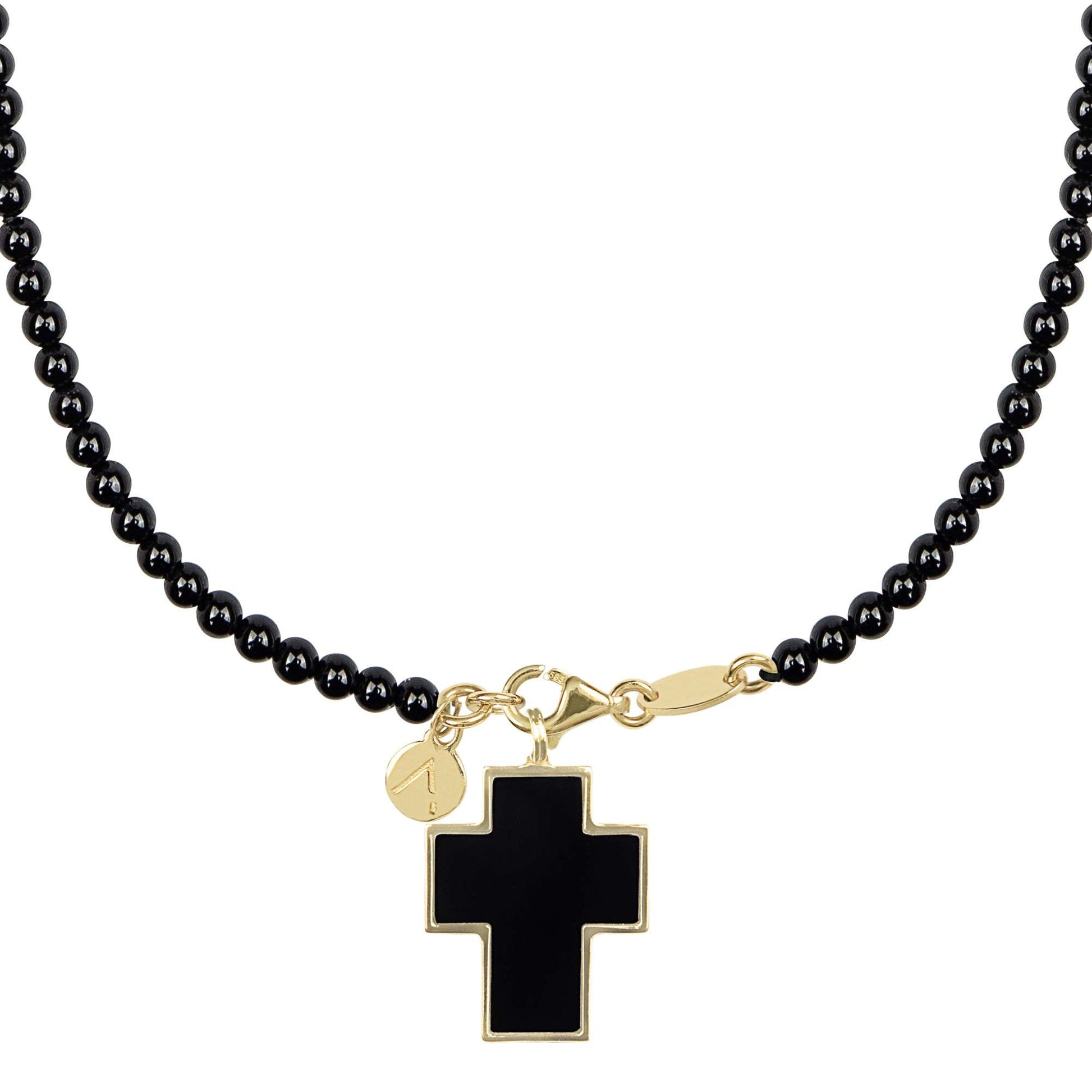 Short eco pearl necklace, cross pendant, 9K yellow gold, Madre Perla stone
