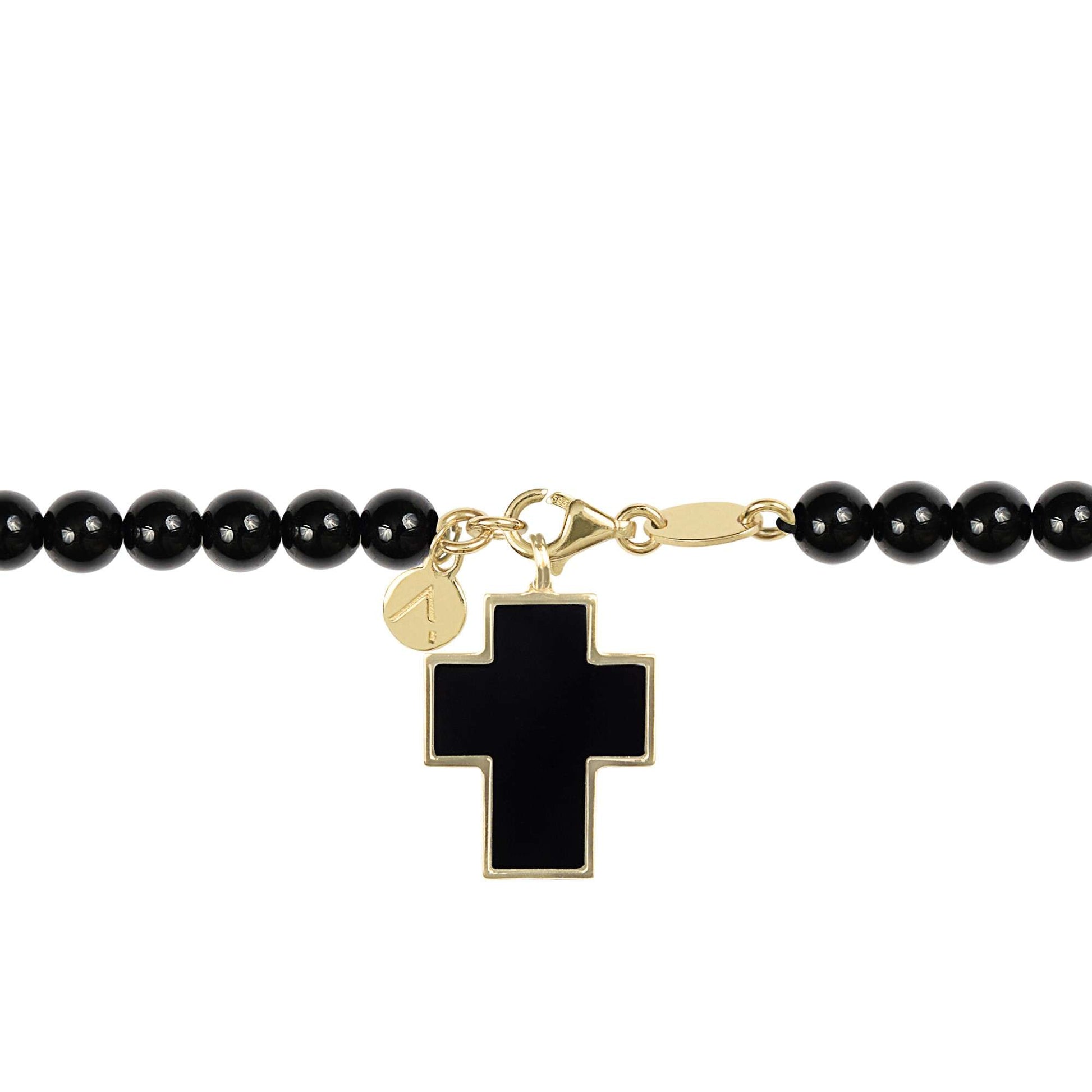 Short eco pearl necklace, cross pendant, 9K yellow gold, Madre Perla stone