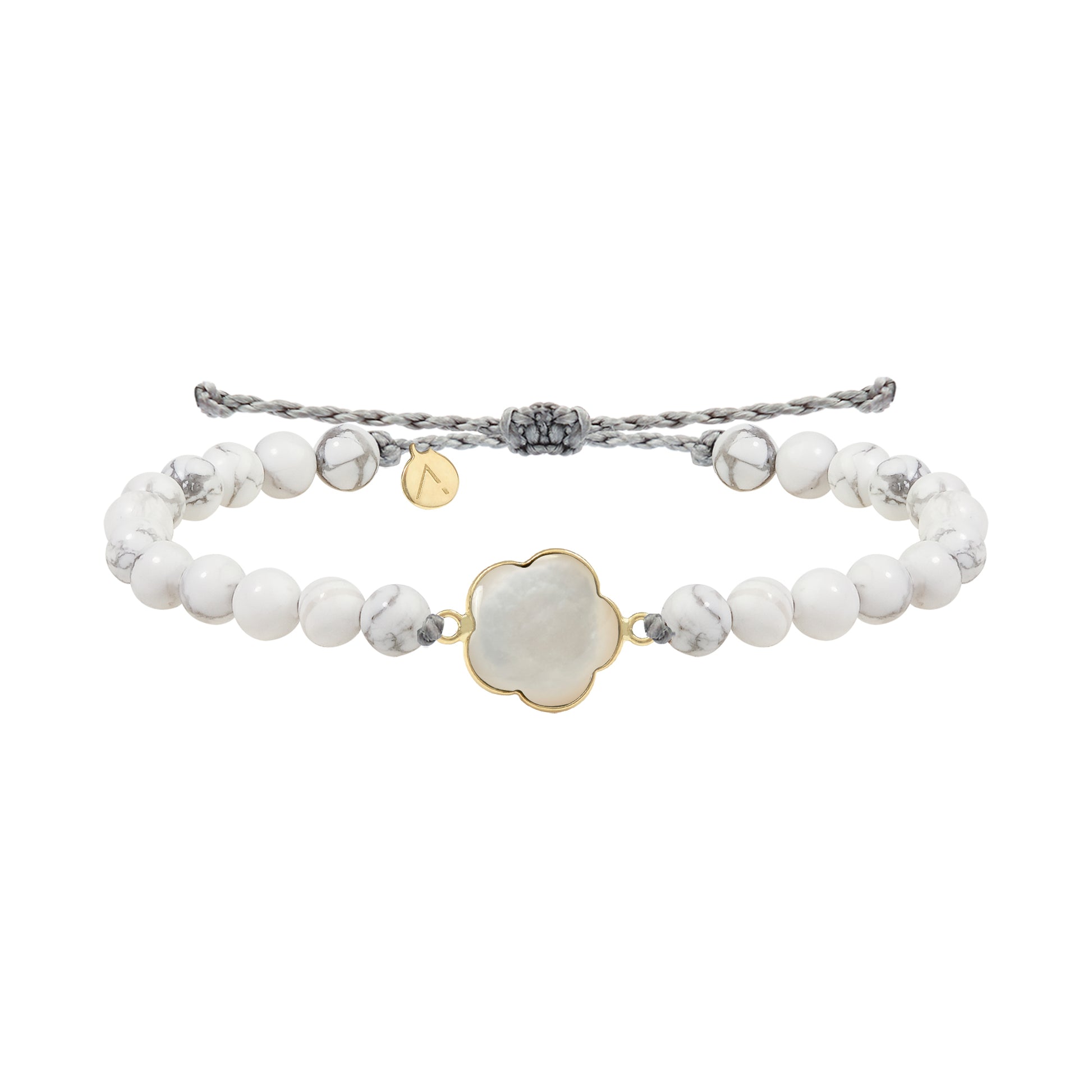 Adjustable bracelet with circle pendant, 316L medical stainless steel, Madre Perla stone