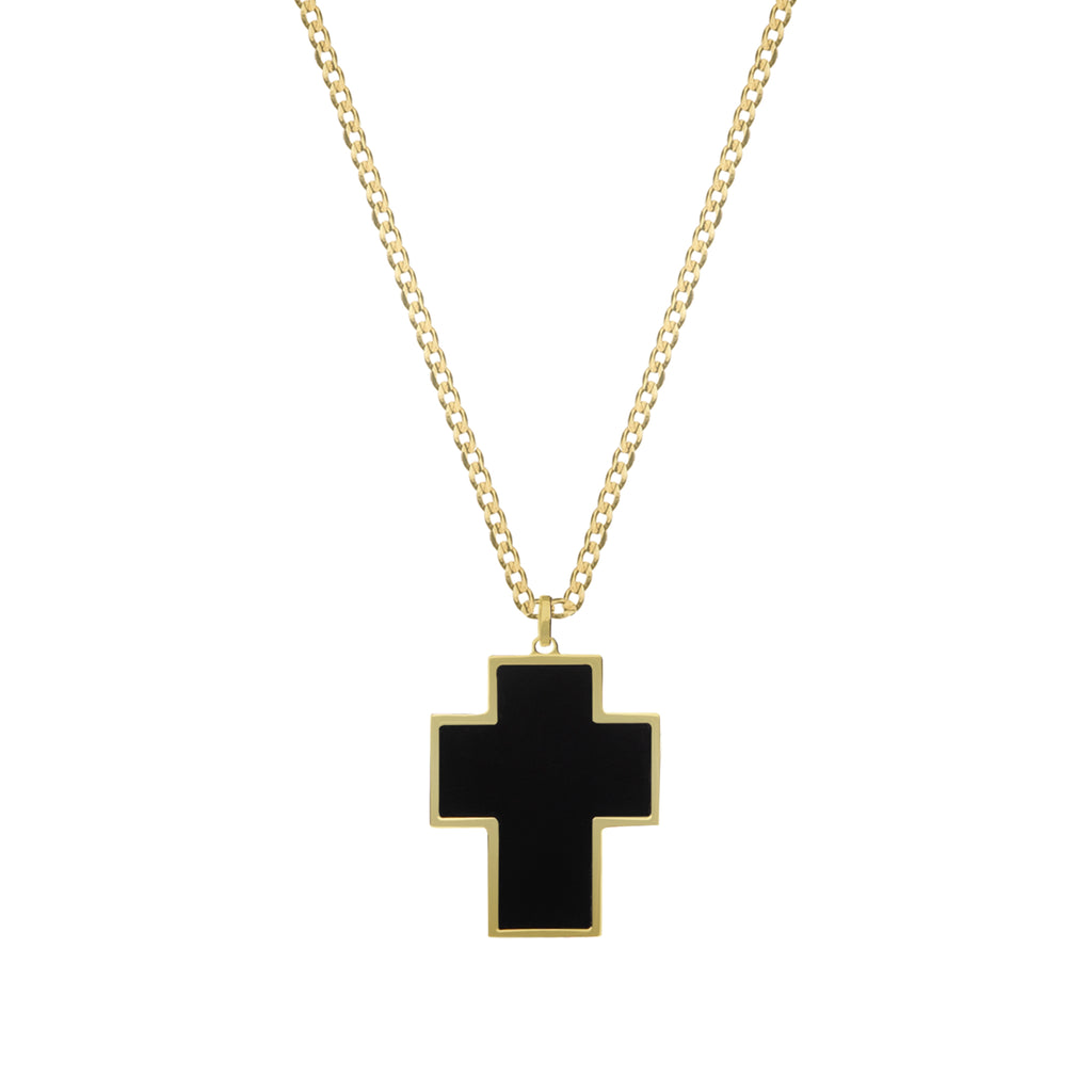 Chain with cross pendant, 14 K yellow gold, size: 60cm, Onyx stone 