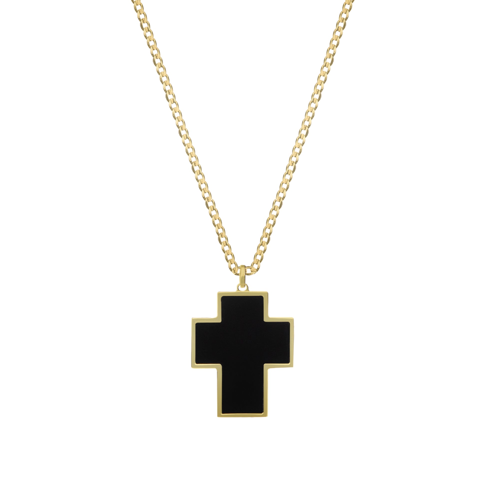 Chain with cross pendant, 14 K yellow gold, size: 60cm, Onyx stone 