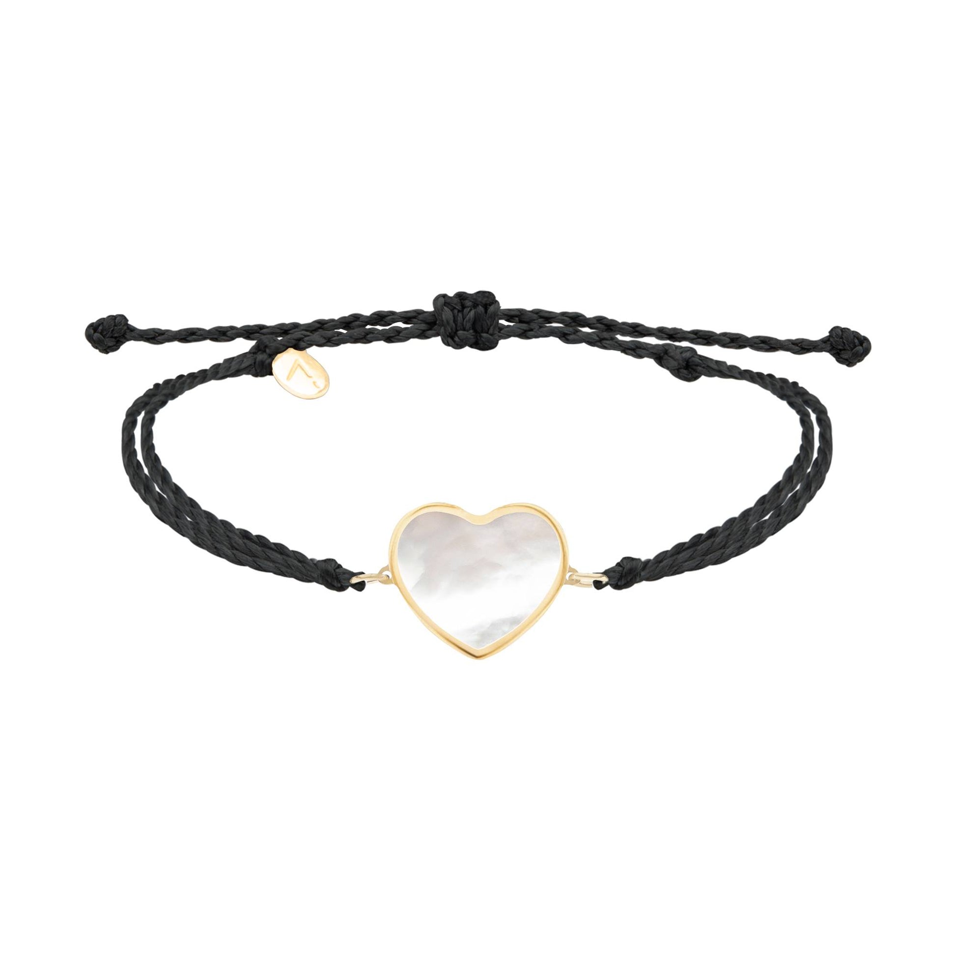 Adjustable bracelet with heart pendant, 9K yellow gold, white Madre Perla stone, black silk thread