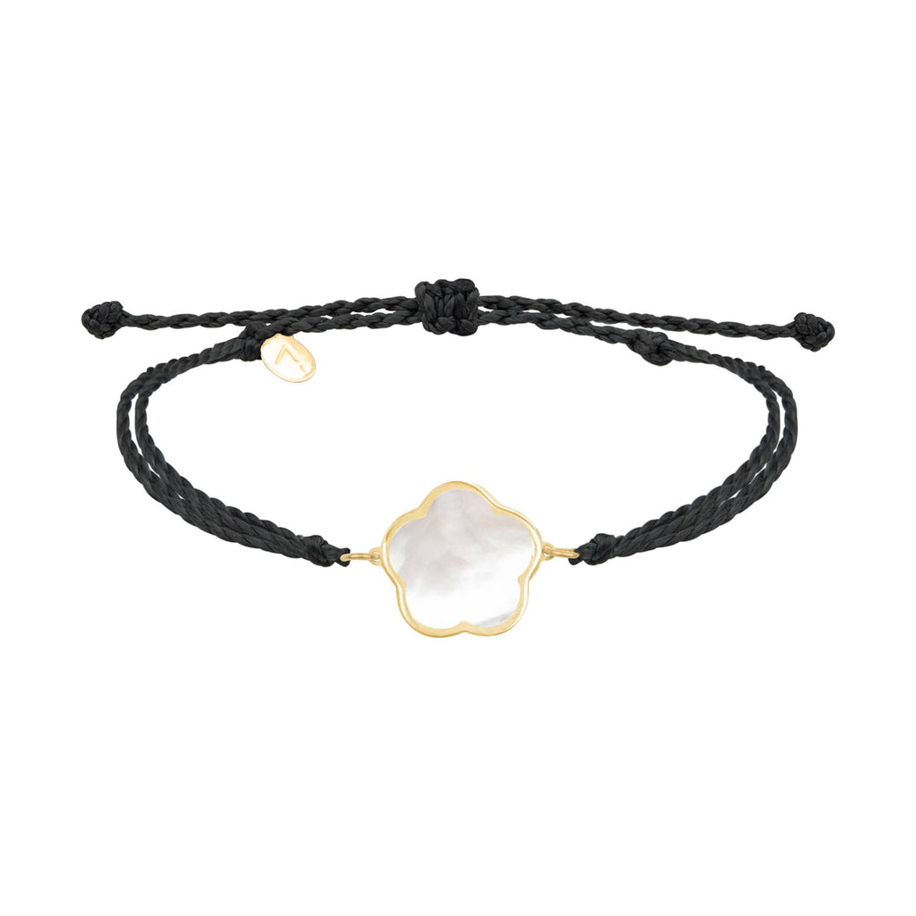 Adjustable bracelet with flower pendant, 9K yellow gold, Madre Perla stone, black silk thread