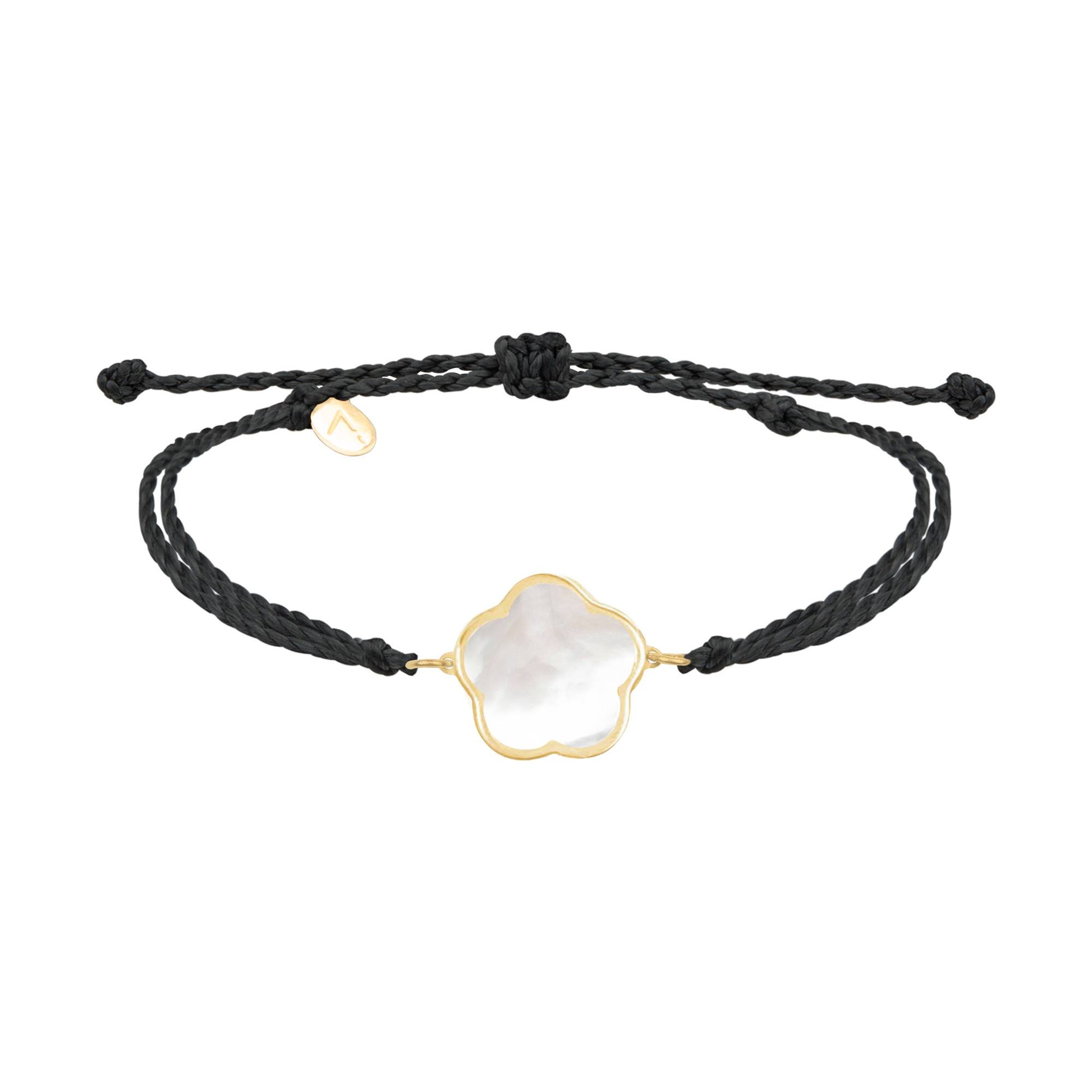 Adjustable bracelet with flower pendant, 9K yellow gold, Madre Perla stone, black silk thread