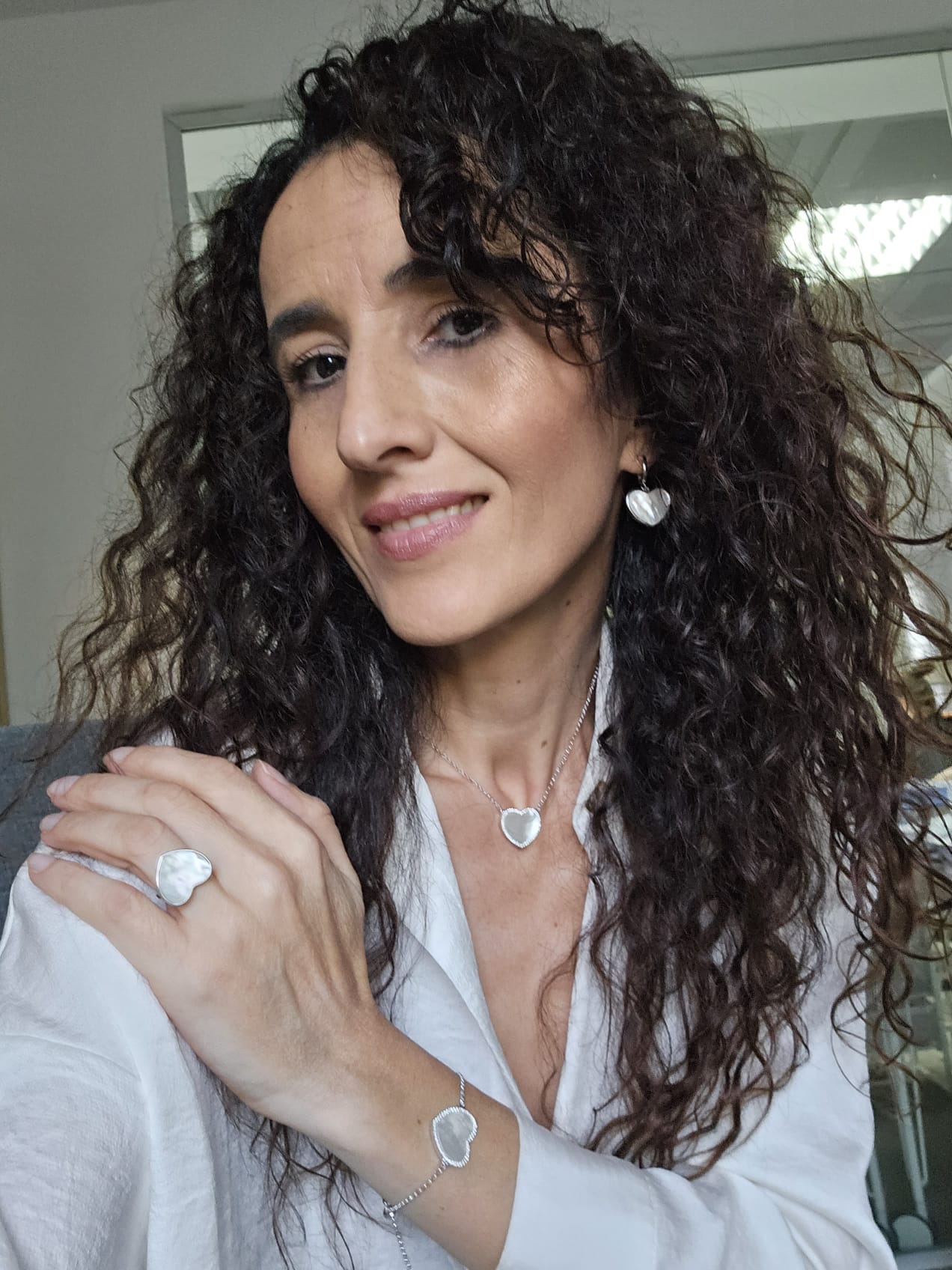 Earrings with heart pendant, 925 silver, Madre Perla stone and Zircon