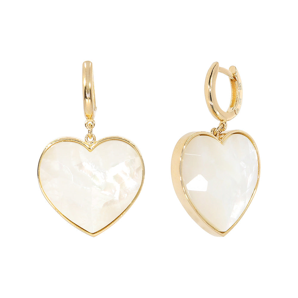 Love earrings with faceted heart pendant, 14K yellow gold, white Madre Perla stone