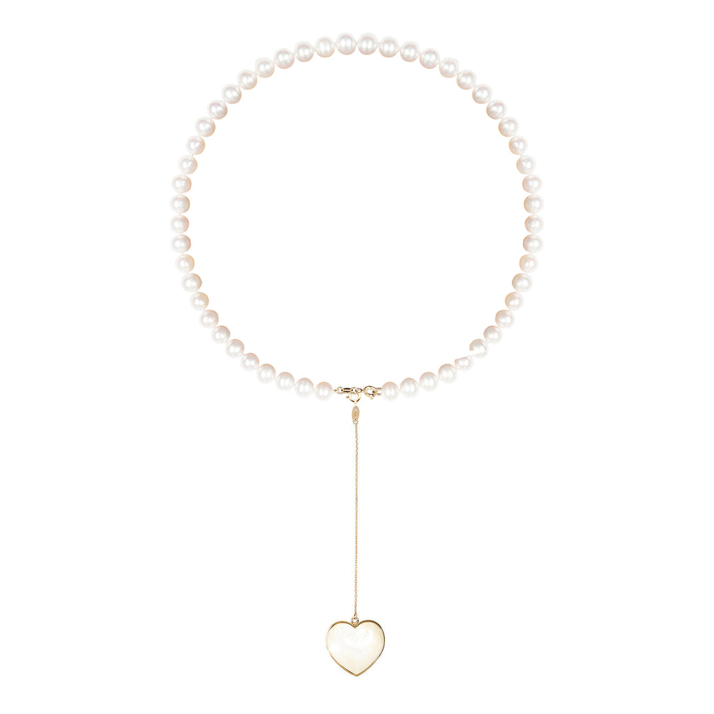 Short eco pearl necklace, cross pendant, 9K yellow gold, Madre Perla stone