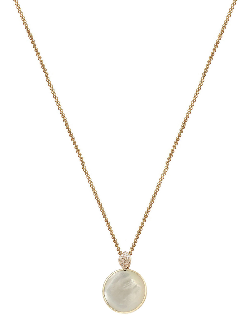 Diamond necklace, circle pendant, 9K yellow gold, Madre Perla stone 