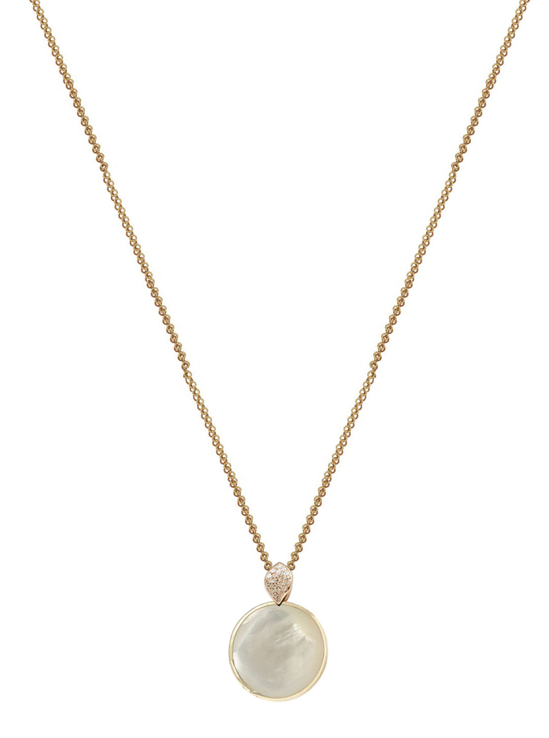 Diamond necklace, circle pendant, 9K yellow gold, Madre Perla stone 