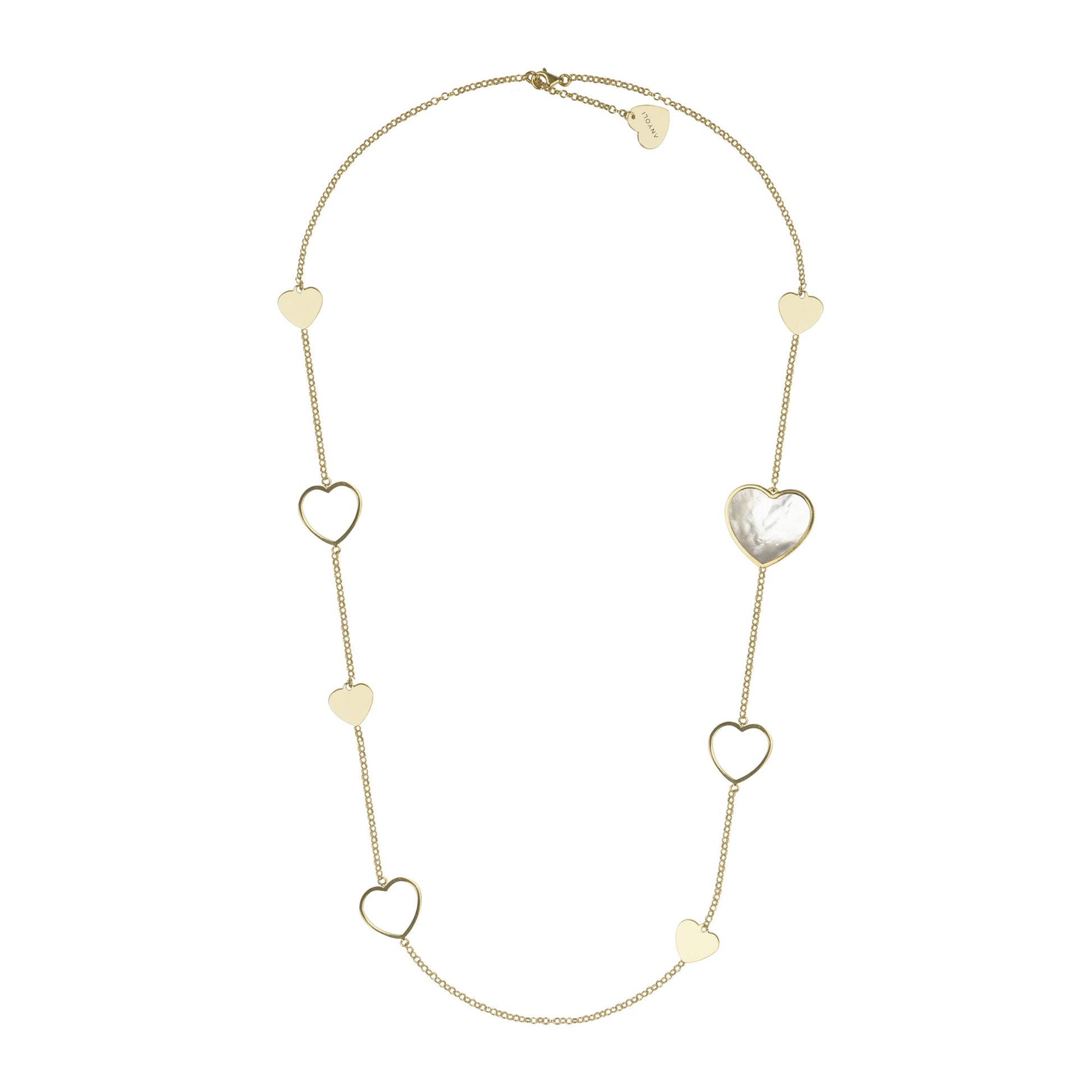 Long chain with asymmetrical hearts, 9K yellow gold, white Madre Perla stone 
