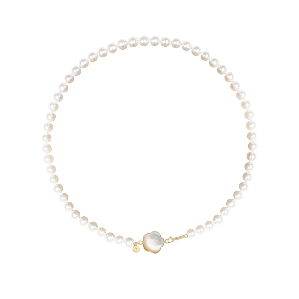 Short eco pearl necklace, cross pendant, 9K yellow gold, Madre Perla stone