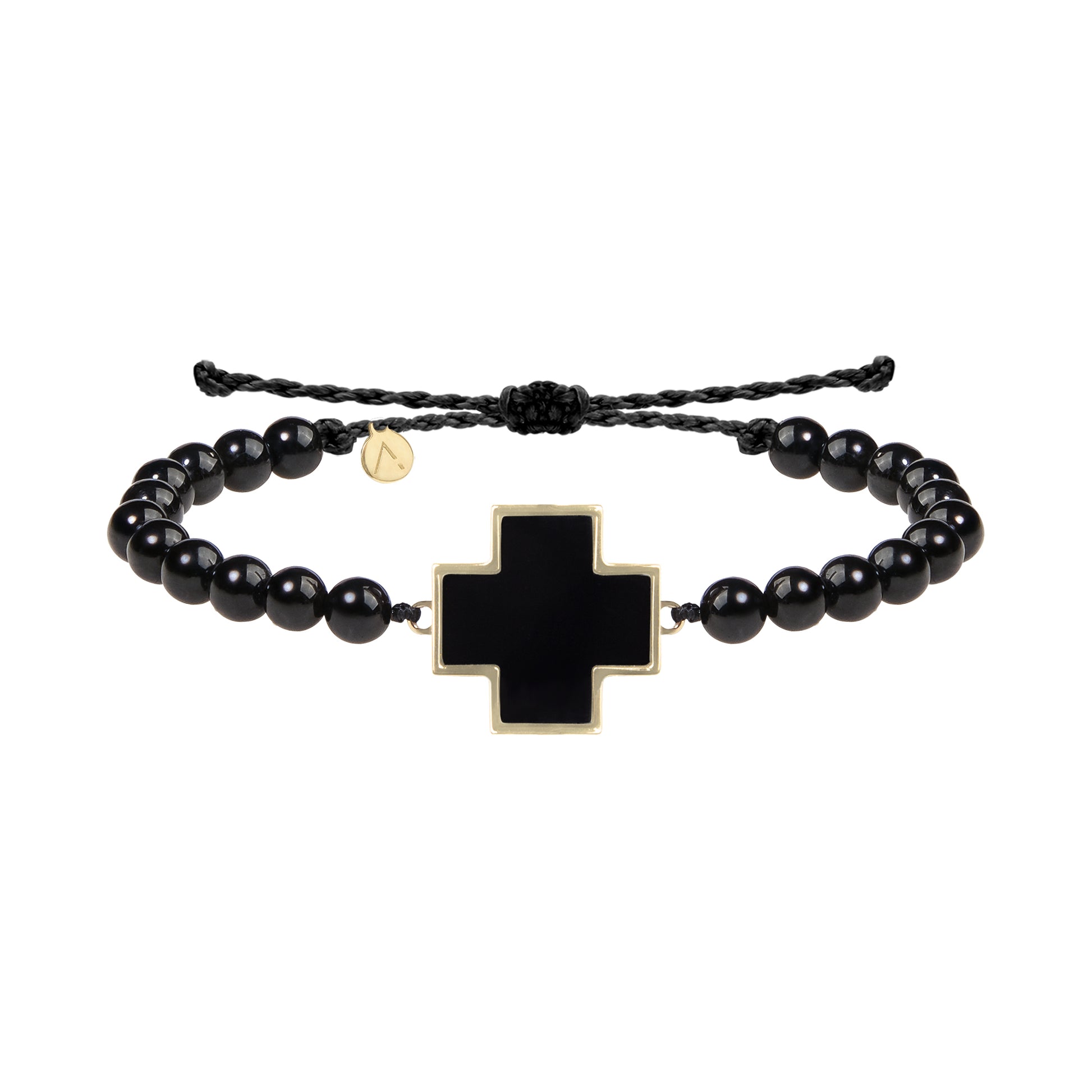 Adjustable bracelet with cross pendant, 14K yellow gold, Onyx stones, black waxed silk thread
