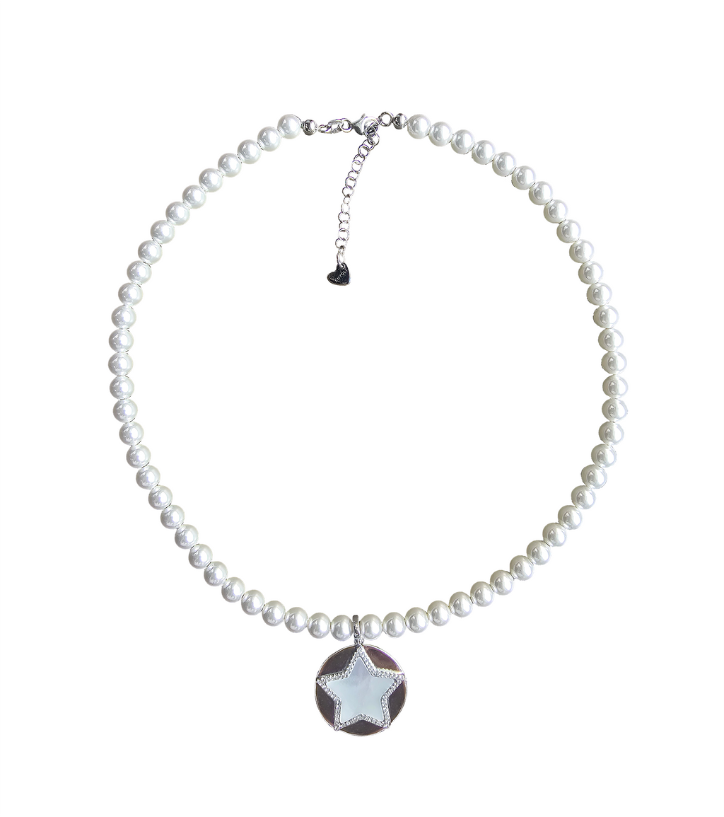 Short eco pearl necklace, cross pendant, 9K yellow gold, Madre Perla stone