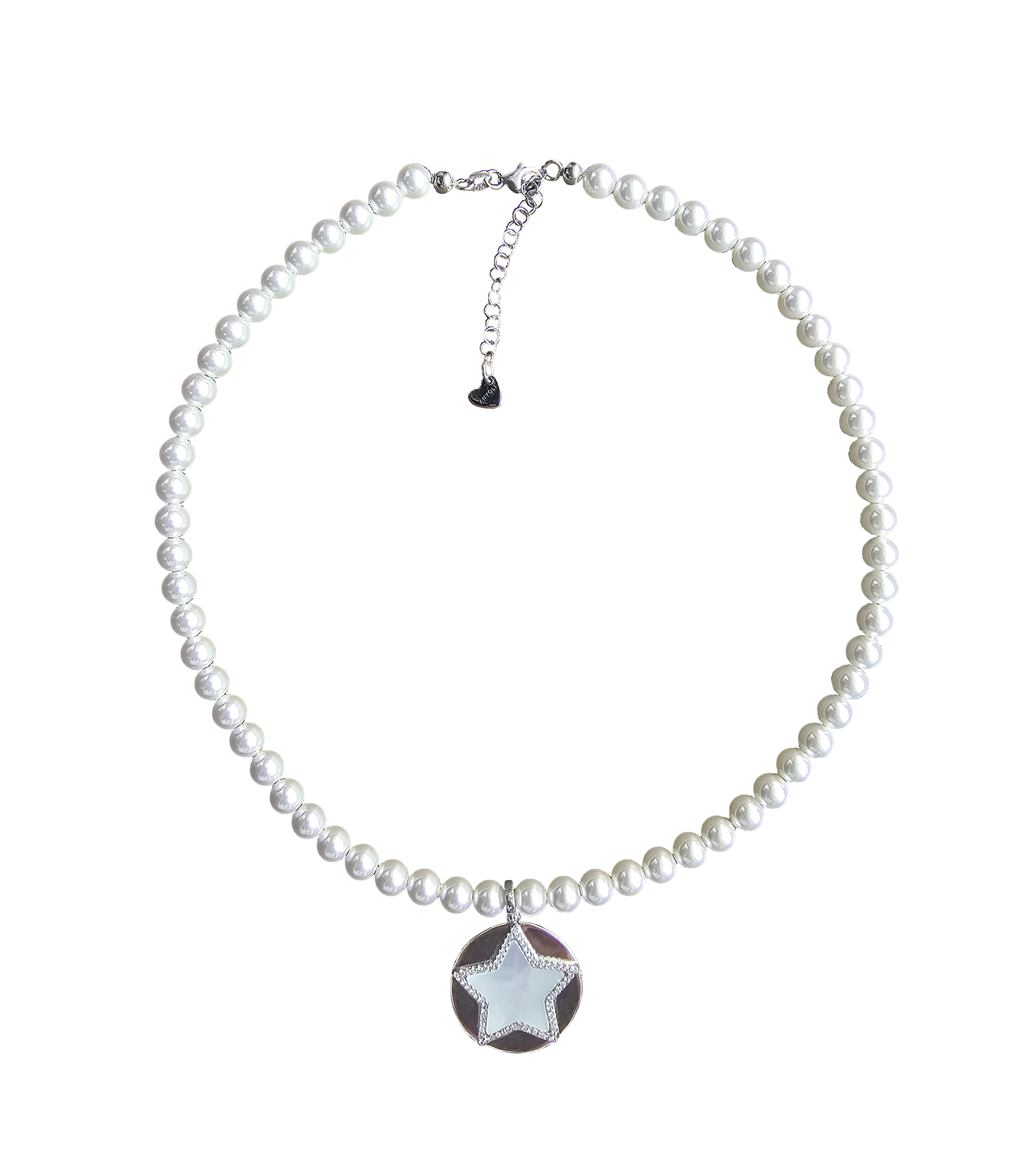 Short eco pearl necklace, cross pendant, 9K yellow gold, Madre Perla stone