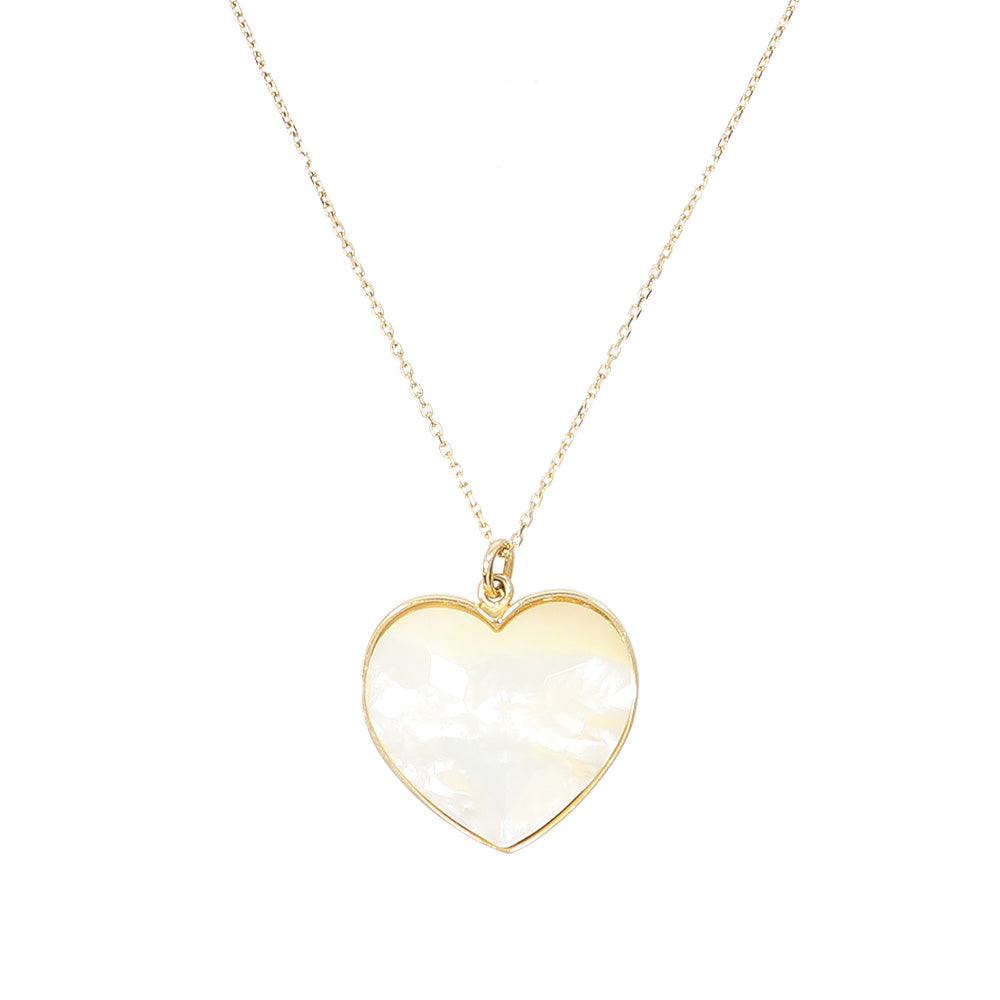 Necklace with faceted heart pendant, 14K yellow gold, Madre Perla stone