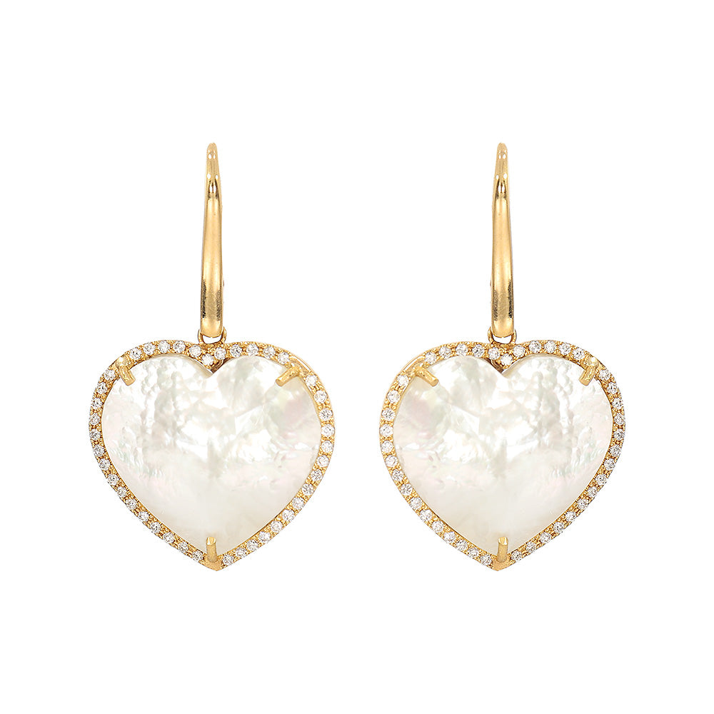 Diamond earrings, heart pendant, 18K yellow gold, Madre Perla stone