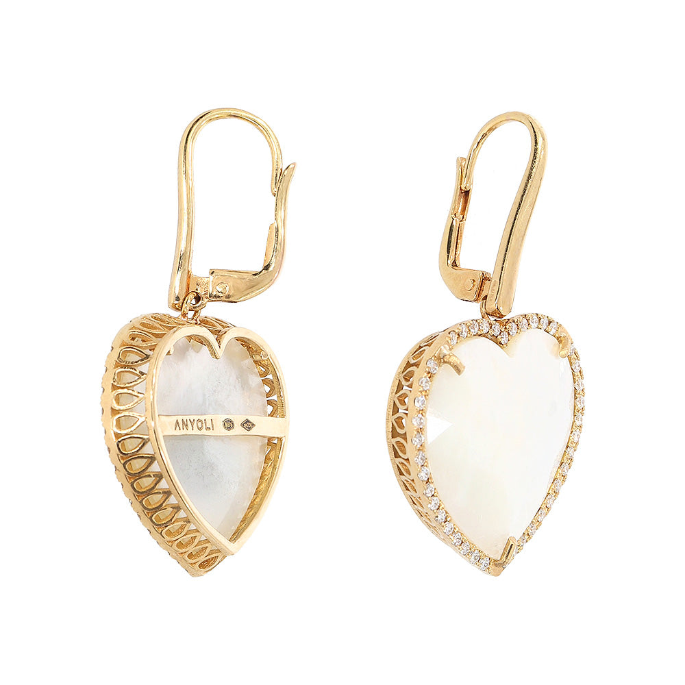 Diamond earrings, heart pendant, 18K yellow gold, Madre Perla stone