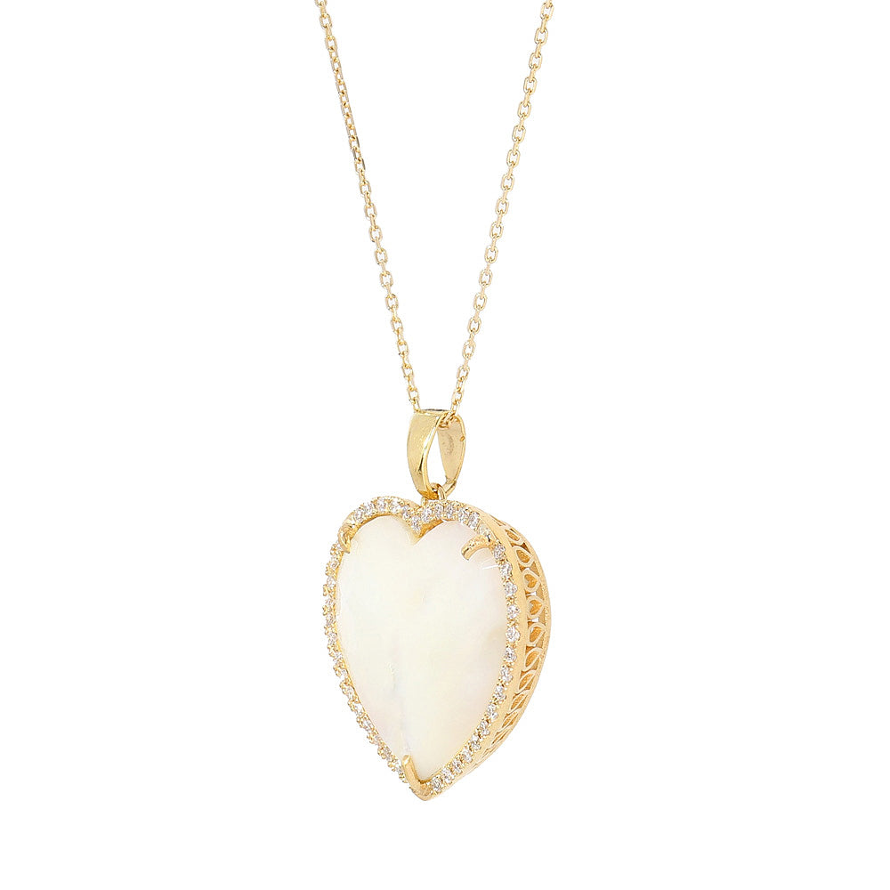 Diamond necklace, heart pendant, 18K yellow gold, Madre Perla stone 