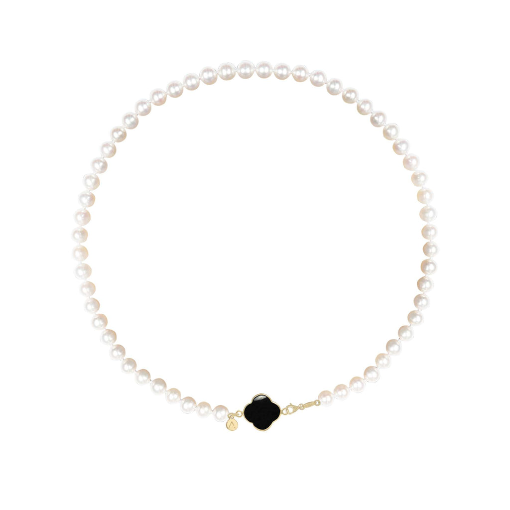 Short eco pearl necklace, cross pendant, 9K yellow gold, Madre Perla stone