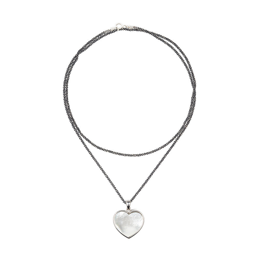 Long black diamond and twisted silver chain with silver heart pendant, Madre Perla stone