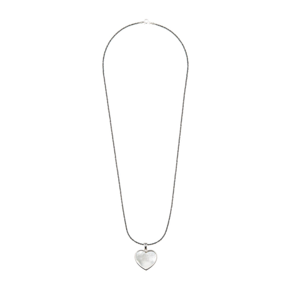Long black diamond and twisted silver chain with silver heart pendant, Madre Perla stone