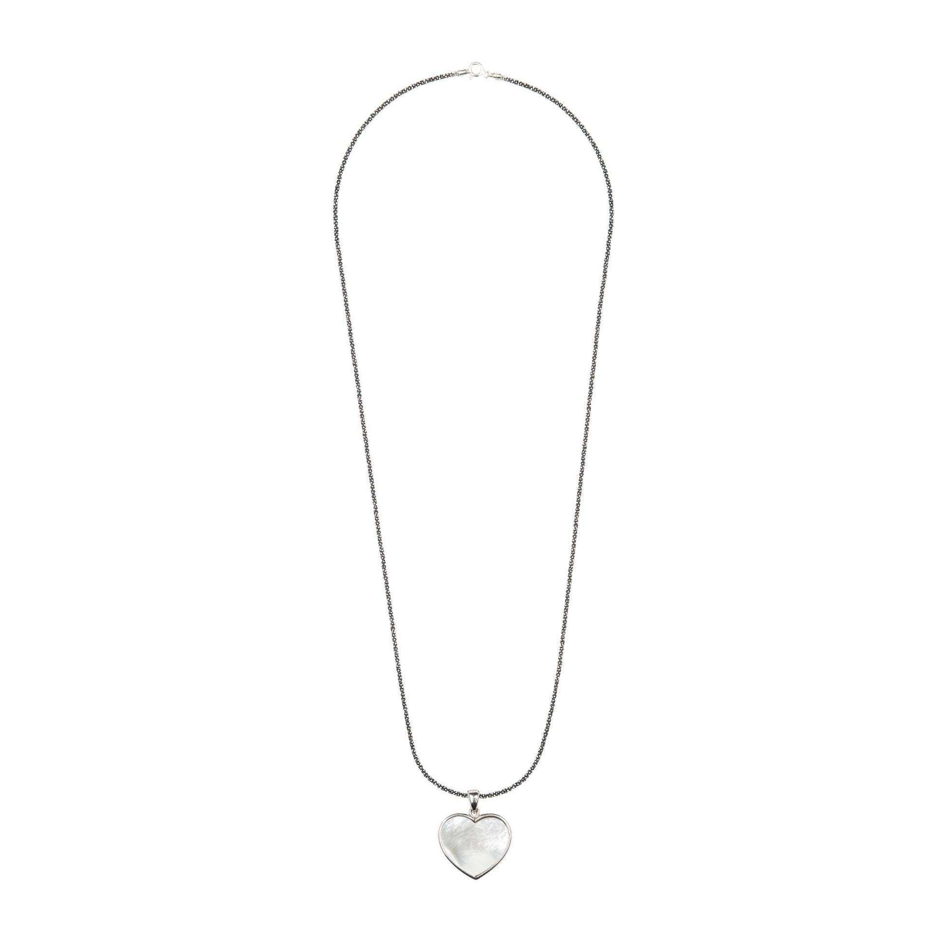Long black diamond and twisted silver chain with silver heart pendant, Madre Perla stone