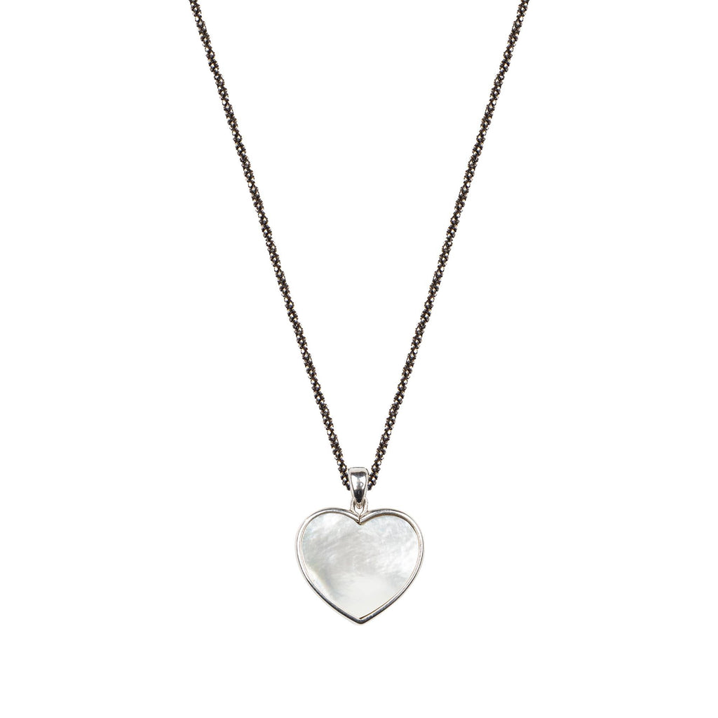 Long black diamond and twisted silver chain with silver heart pendant, Madre Perla stone