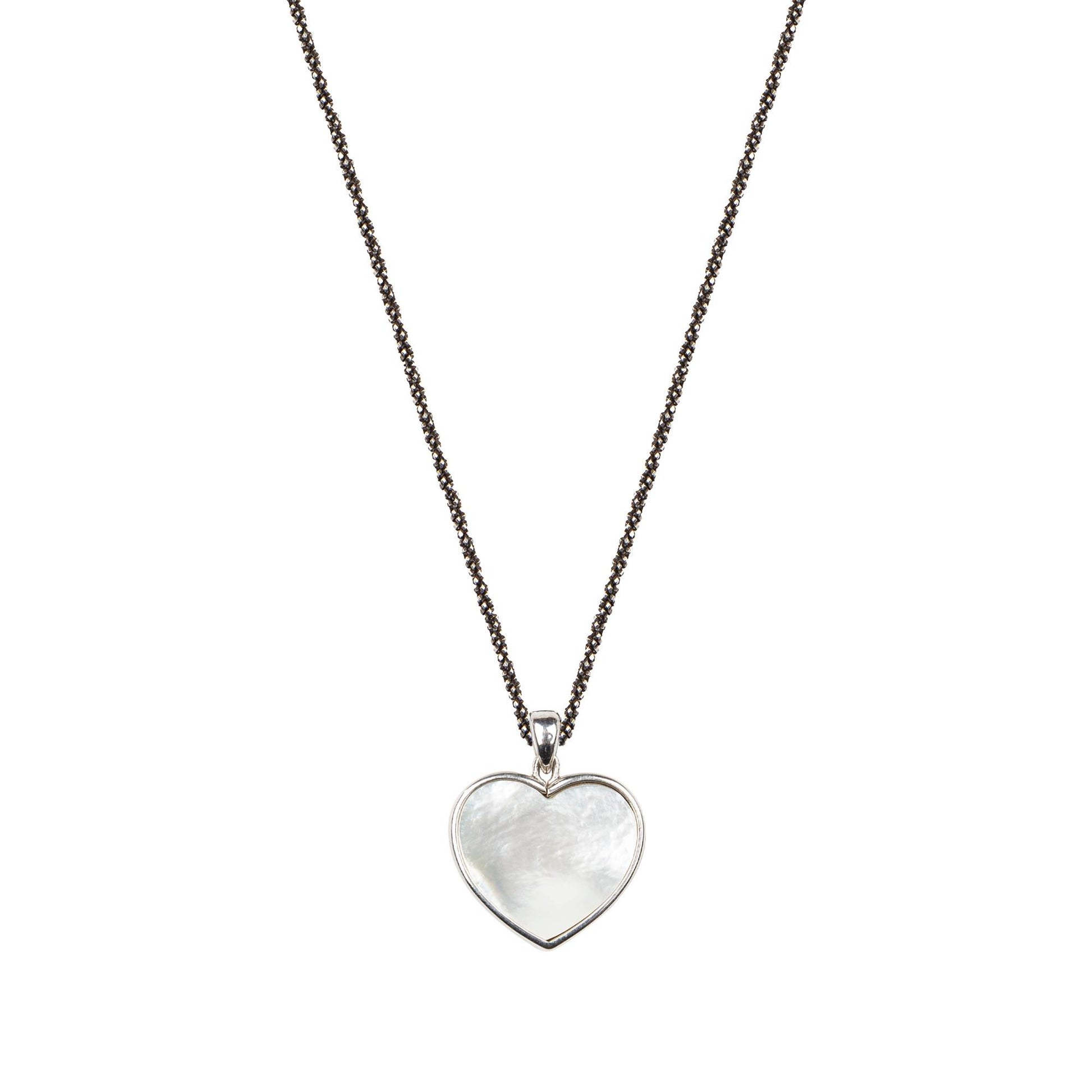 Long black diamond and twisted silver chain with silver heart pendant, Madre Perla stone
