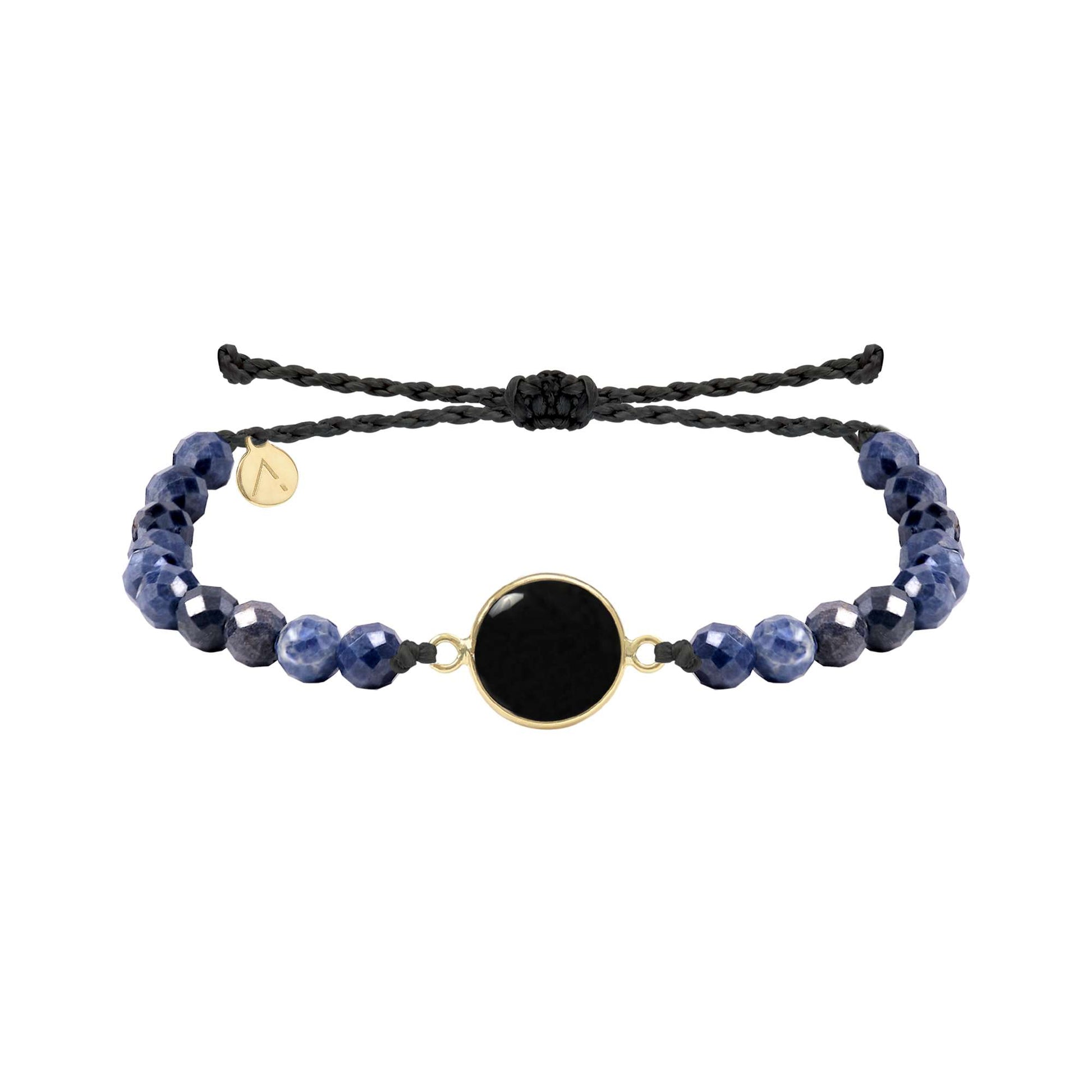 Adjustable faceted bracelet, circle pendant, 9K yellow gold, Onyx and Sapphire stones, black silk thread 