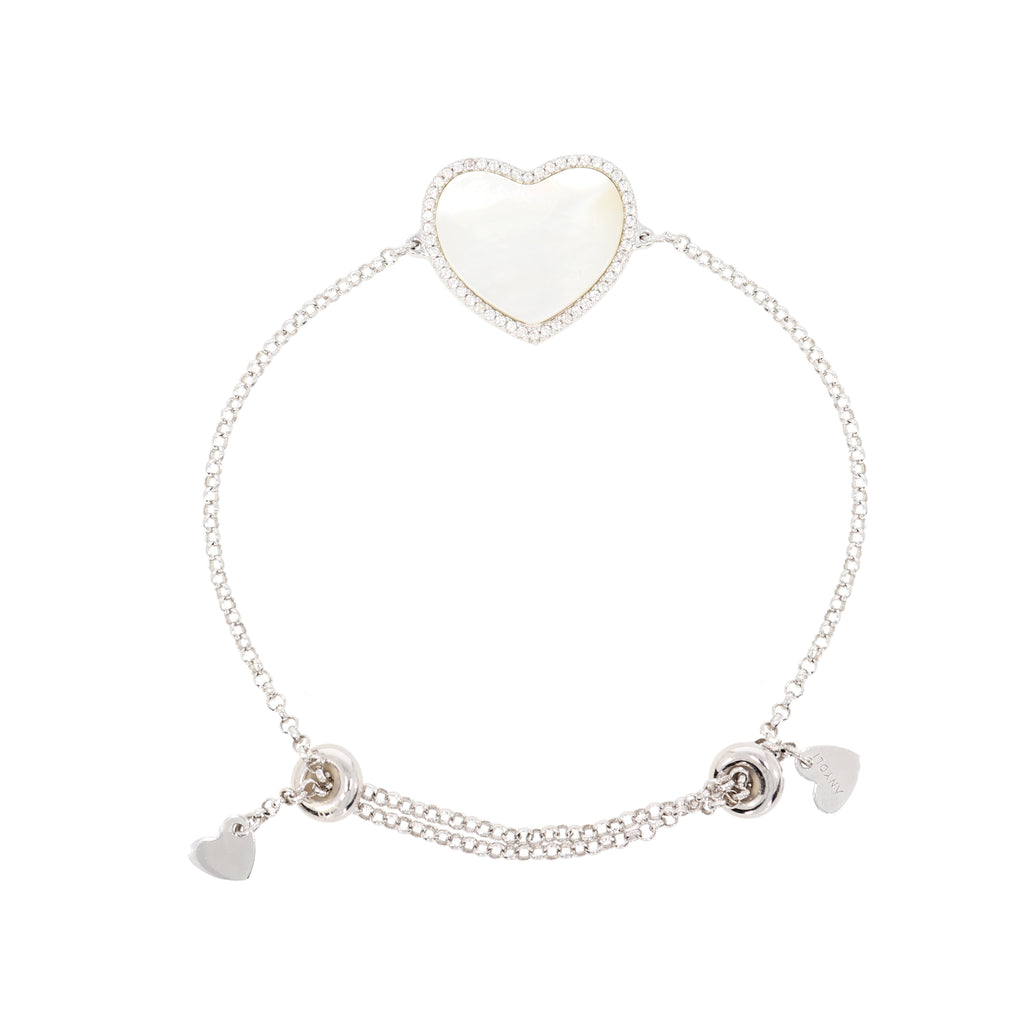 Adjustable bracelet with heart pendant, 925 silver, Madre Perla stone and Zircon