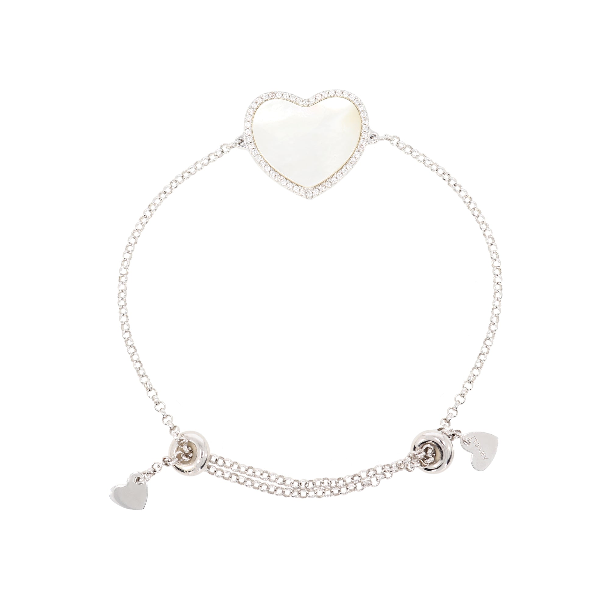 Adjustable bracelet with heart pendant, 925 silver, Madre Perla stone and Zircon