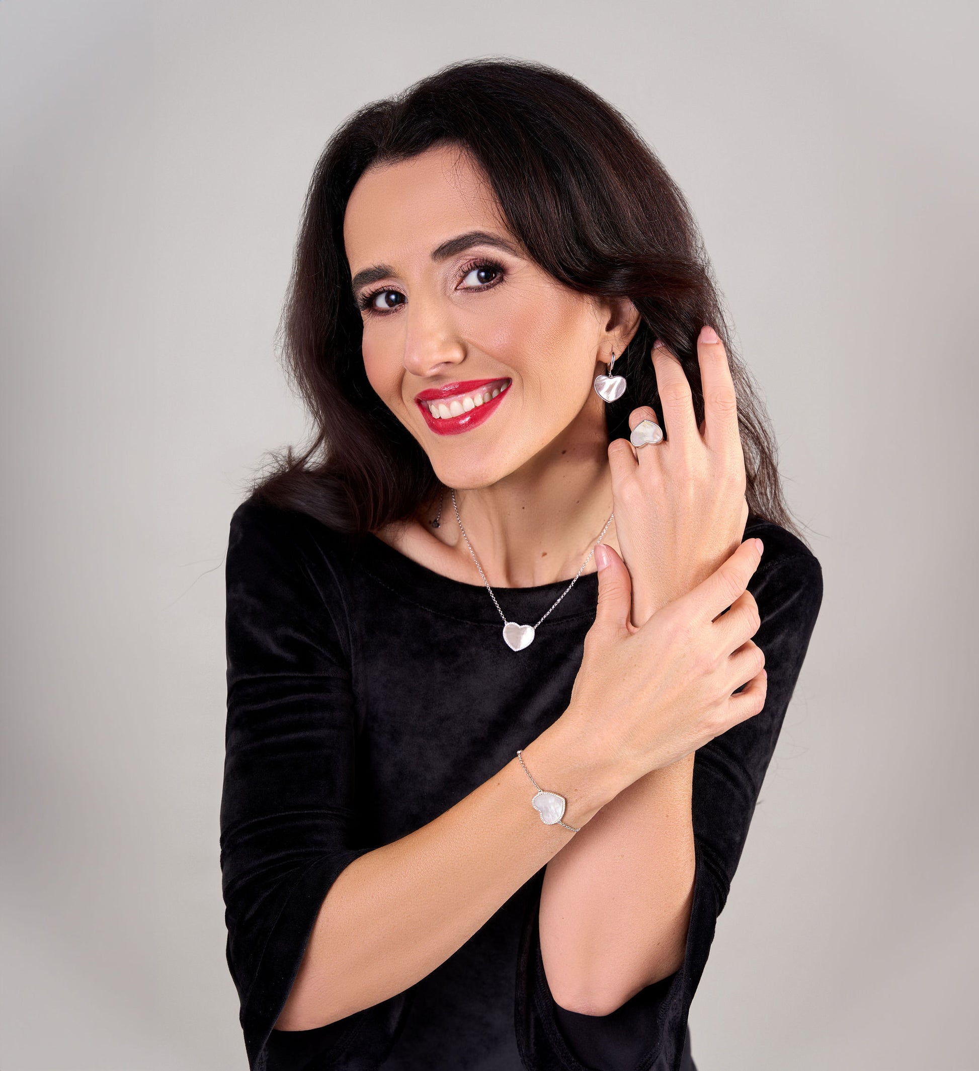 Adjustable bracelet with heart pendant, 925 silver, Madre Perla stone and Zircon