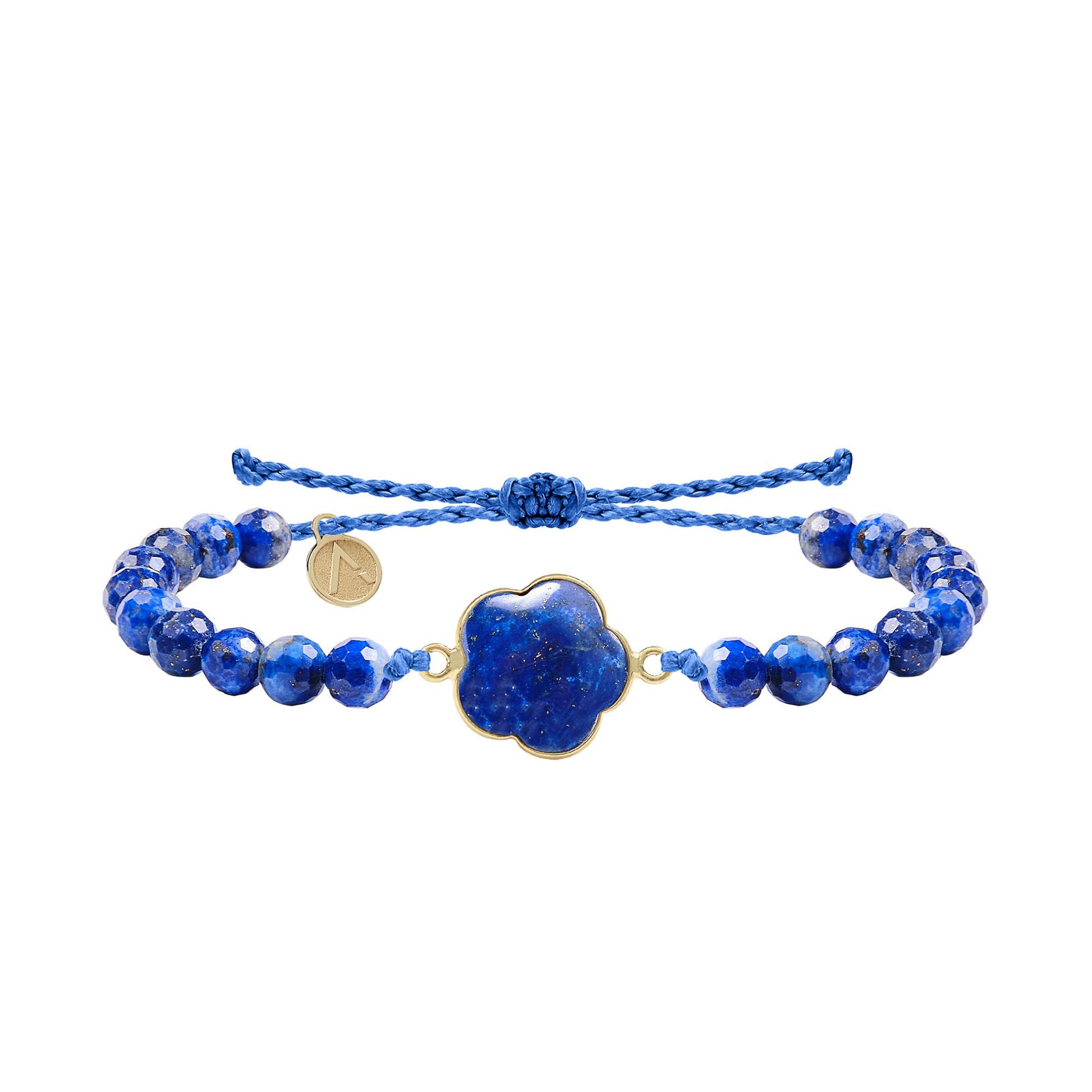 Adjustable faceted bracelet, flower pendant, 9K yellow gold, Lapis Lazuli stone, silk thread