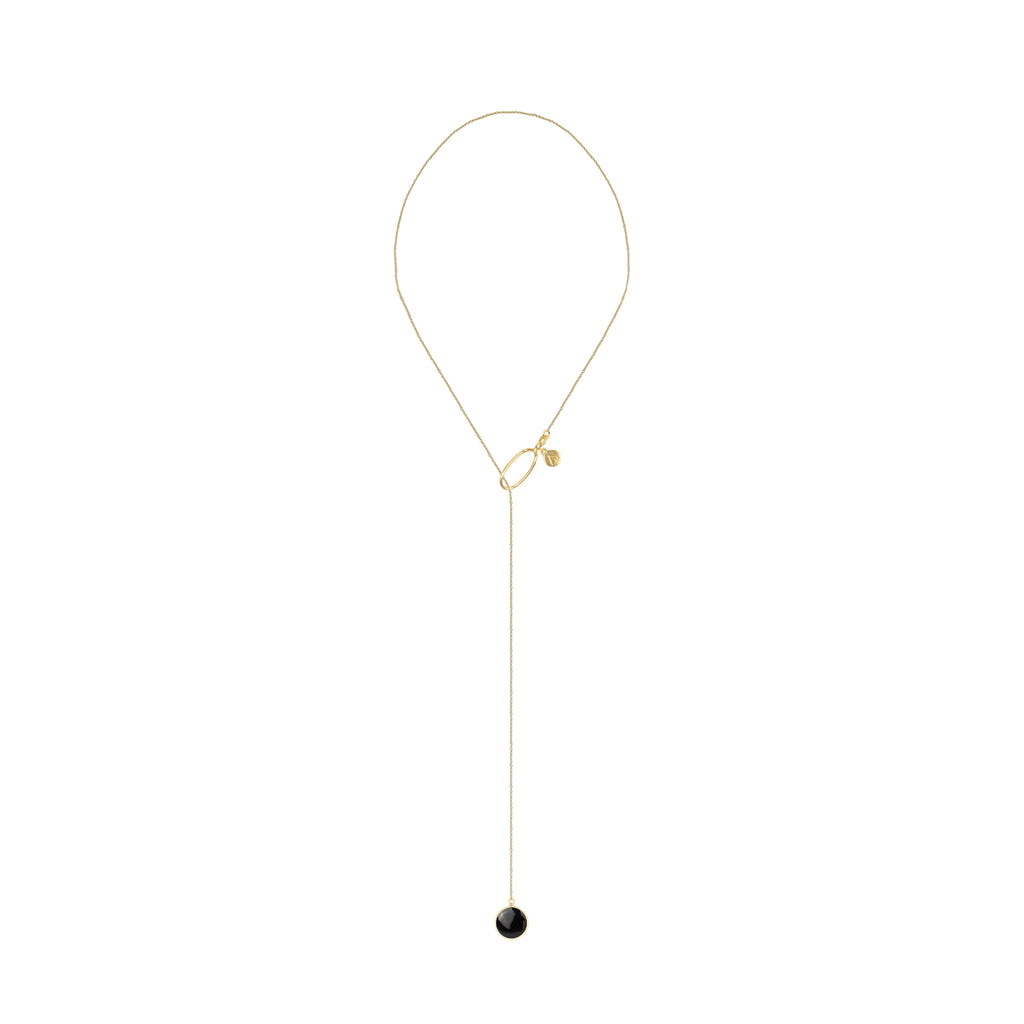 Long adjustable chain with circle pendant, 9K yellow gold, Onyx stone 