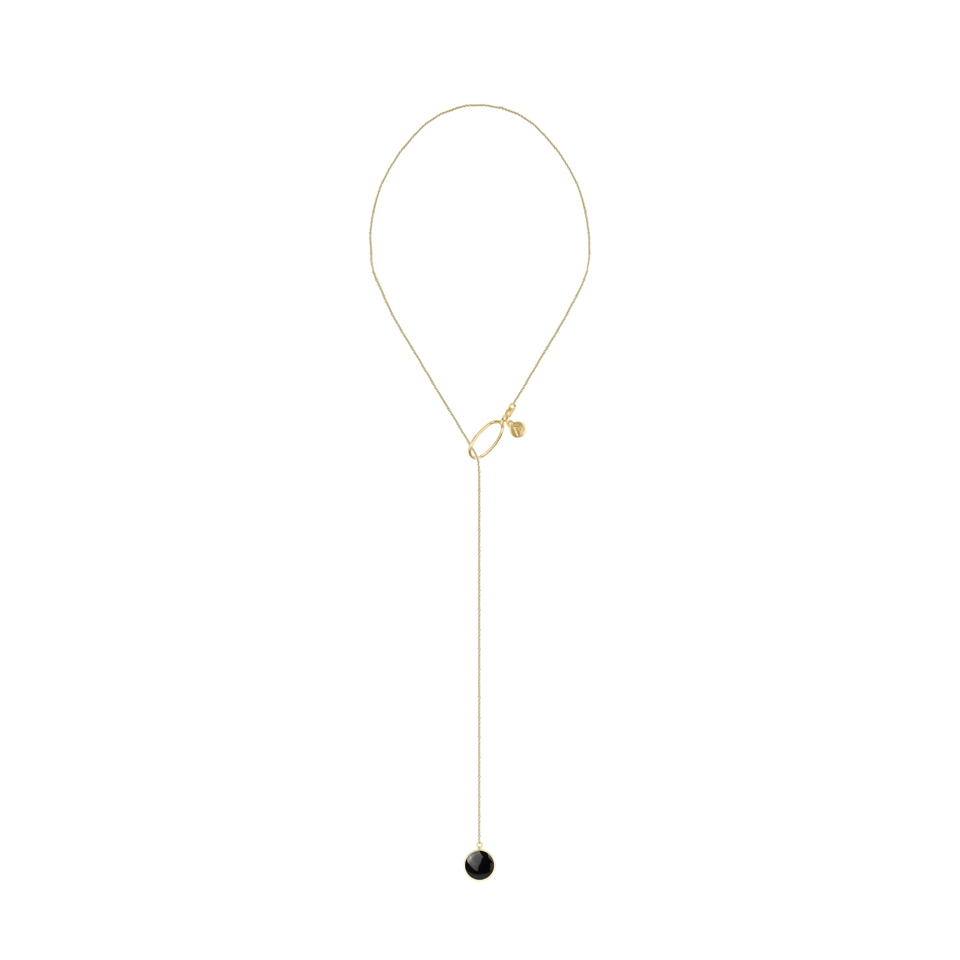 Long adjustable chain with circle pendant, 9K yellow gold, Onyx stone 