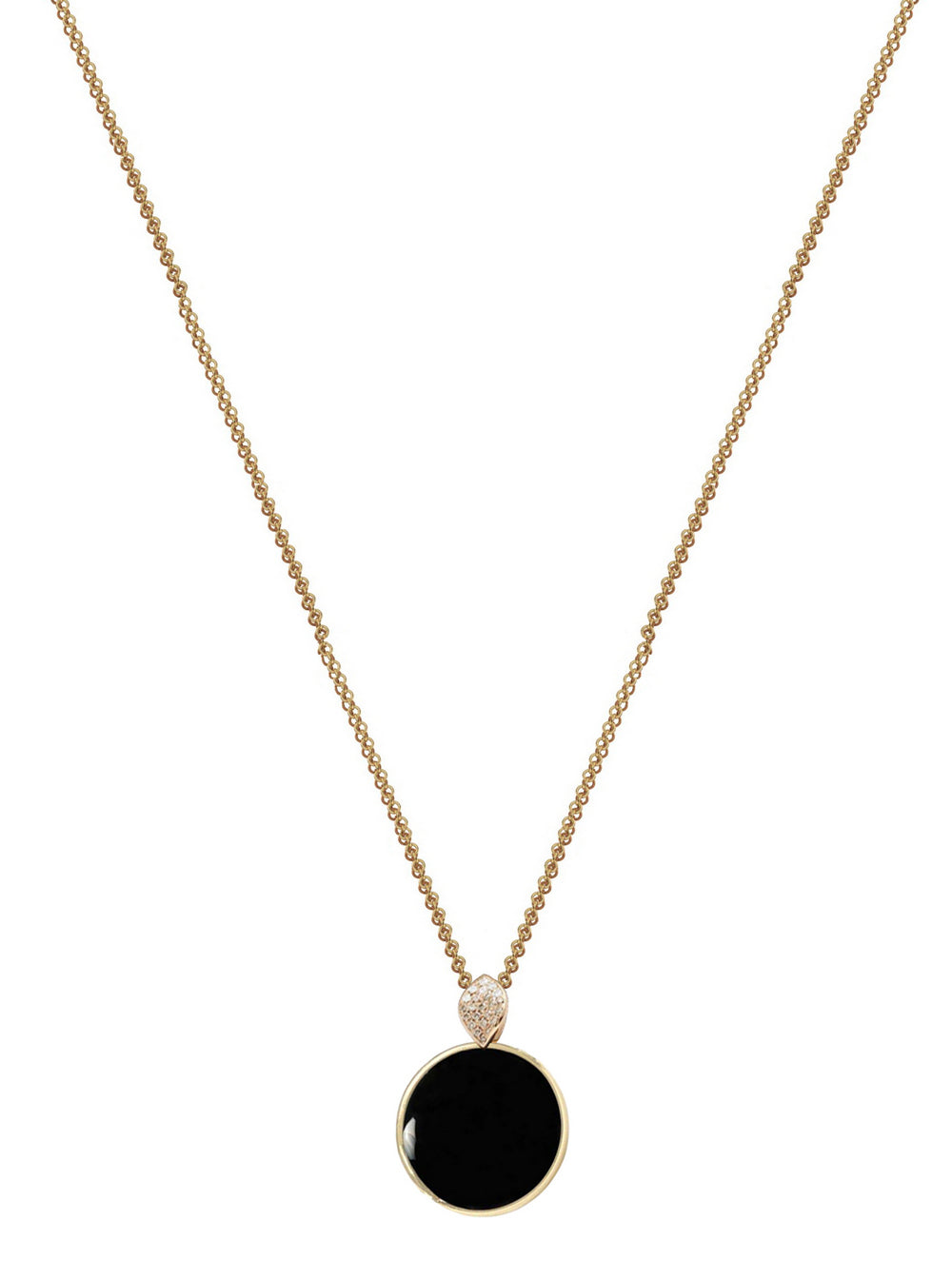 Diamond necklace, circle pendant, 9K yellow gold, Onyx stone 